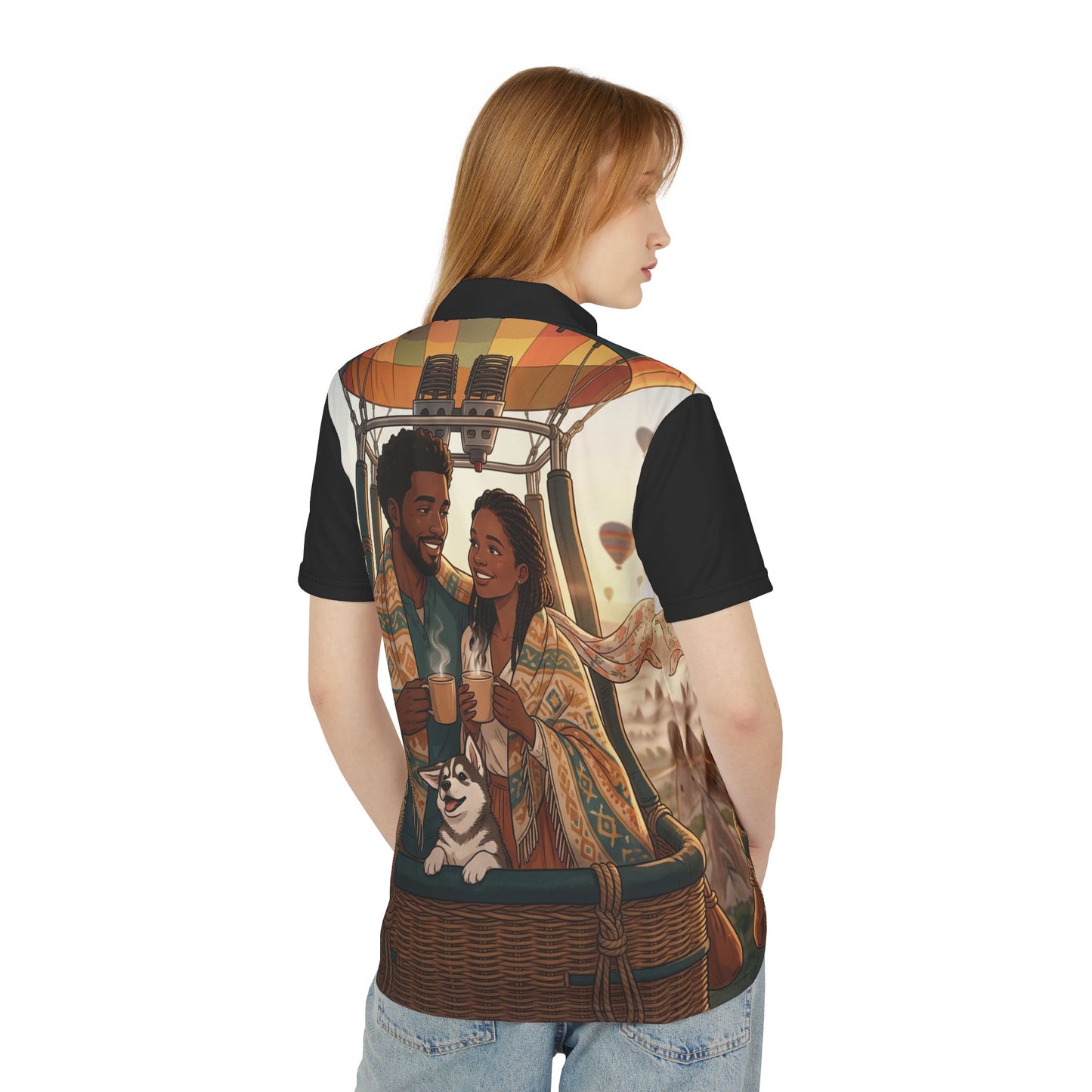 Hot Air Balloon Couple Polo Shirt – Romantic Scenic Travel Graphic Polo