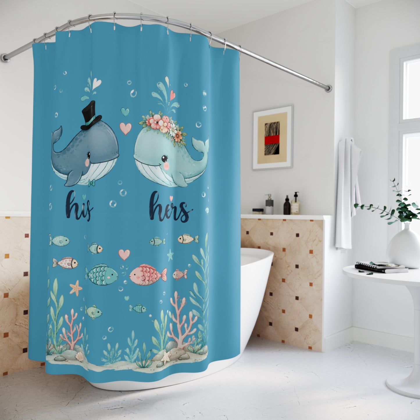 His & Hers Whale Shower Curtain – Cute Nautical Bathroom Decor for Couples