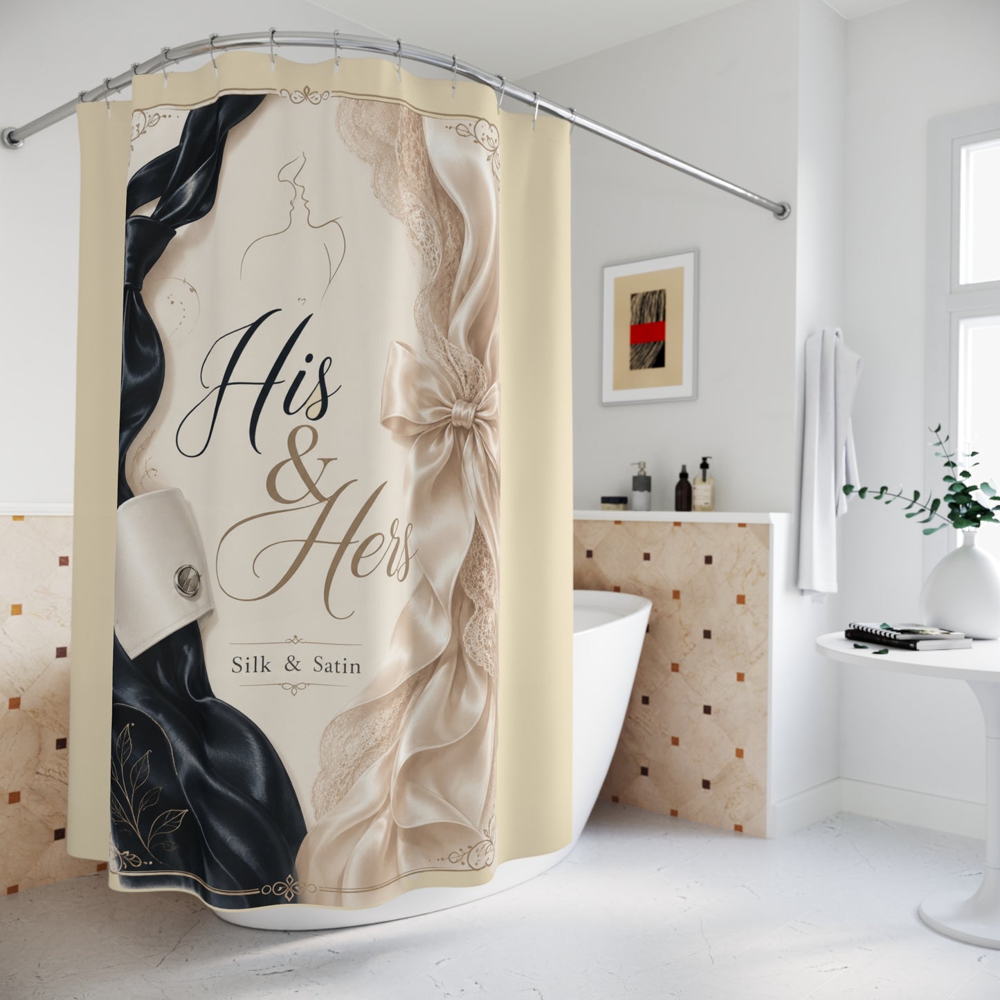 Silk. Satin. Draped in Luxury – His & Hers Cream & Black Luxury Bathroom Décor