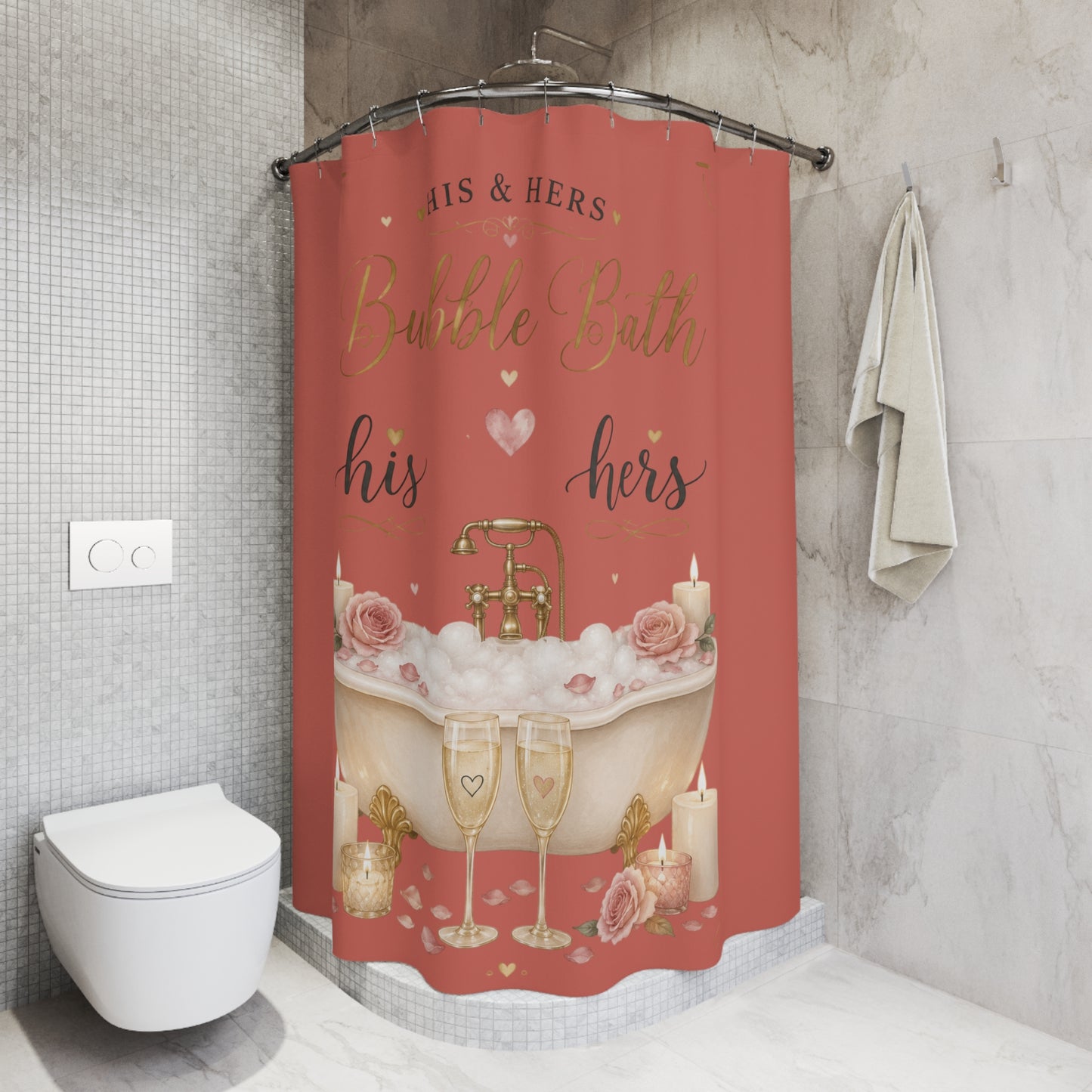 Petals & Suds. Sip. Soak & Stay! Shower Curtain – His & Hers Romantic Bath Decor for Couples
