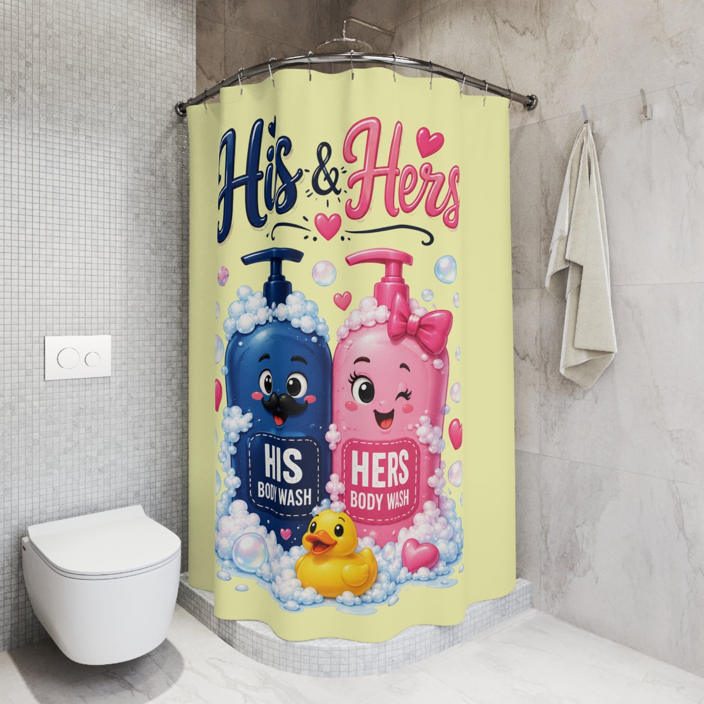 His & Hers Shower Curtain – Cute Blue & Pink Body Wash Design with Hearts and Rubber Duck
