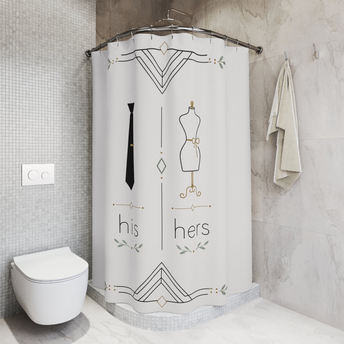 His & Hers Minimalist Shower Curtain — Tie & Dress Form Art Deco Bathroom Decor