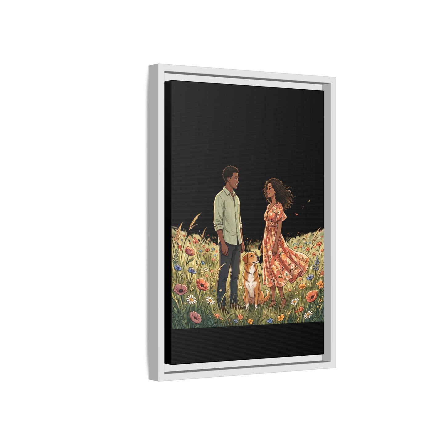 Framed Matte Canvas Print — Romantic Couple in Wildflower Field (Multi‑Color)