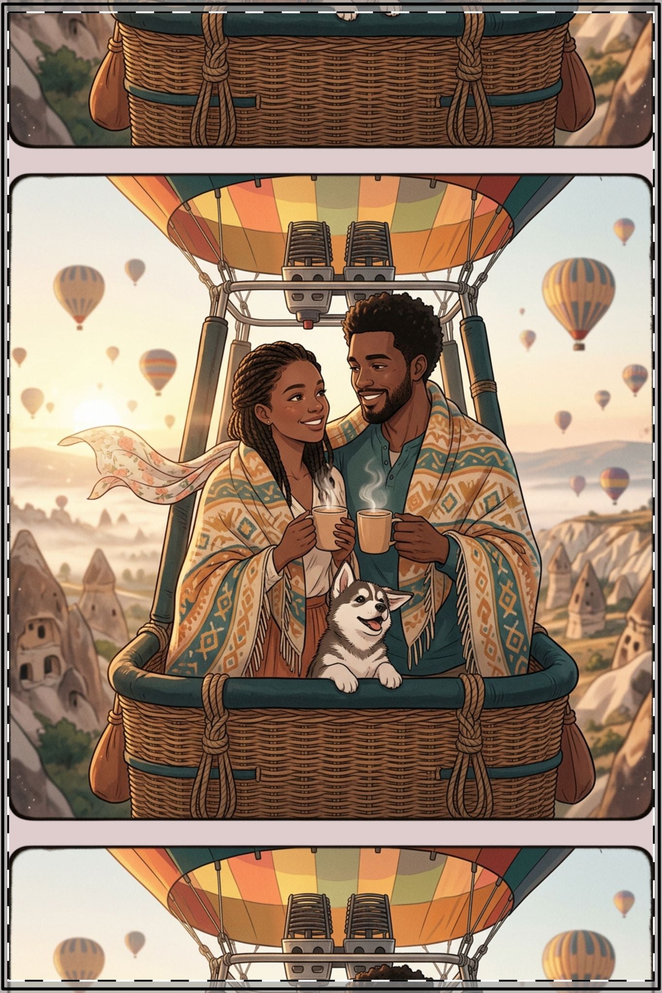 Hot Air Balloon Couple Satin Poster — Romantic Travel Wall Art