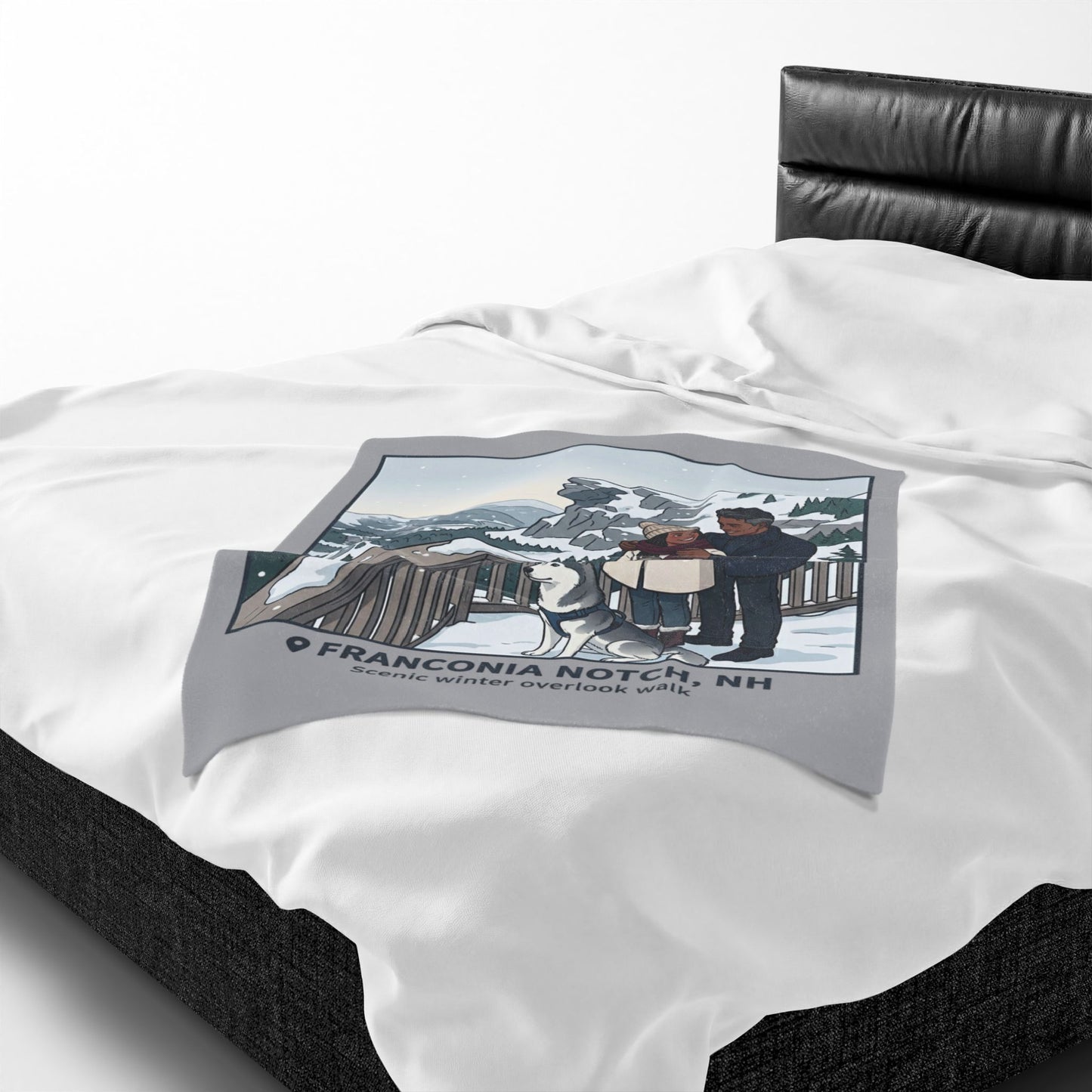 Velveteen Blanket — Franconia Notch NH Winter Scenic Throw with Couple & Husky