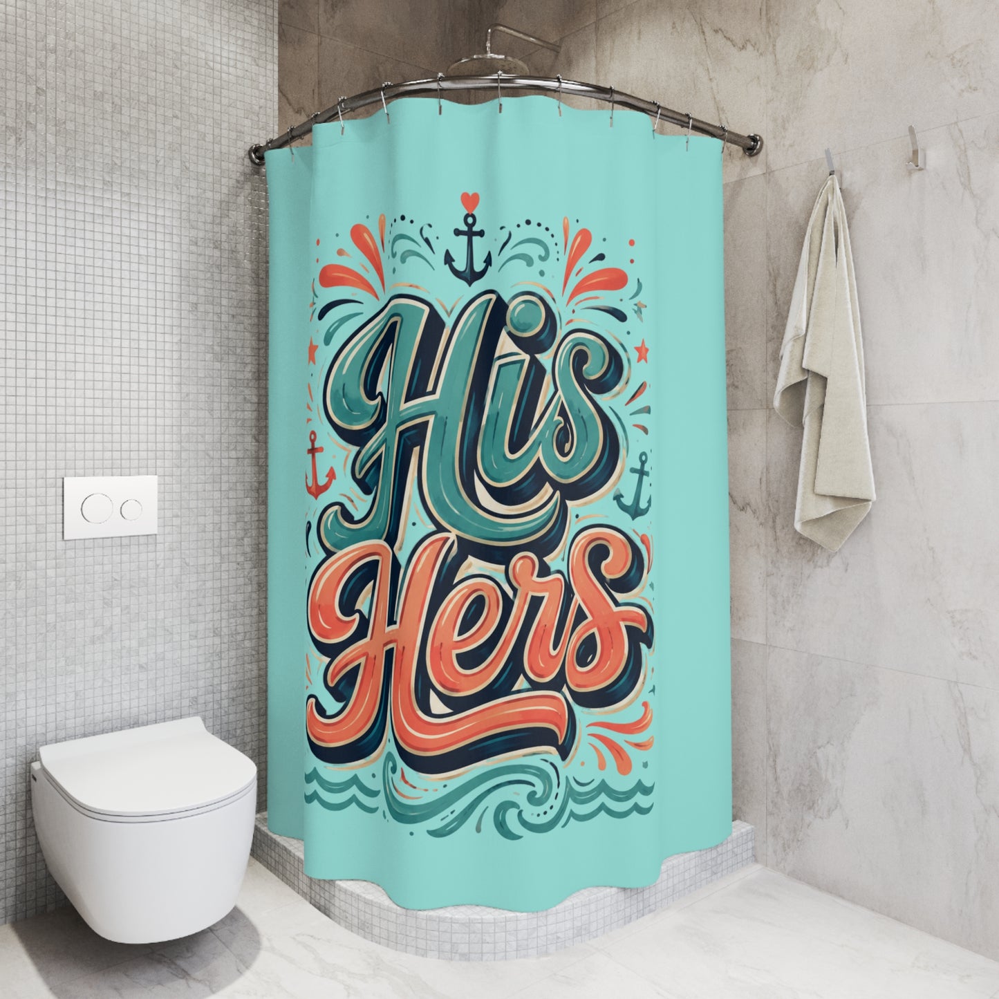 Deep Blue Duo Shower Curtain – His & Hers Teal Anchor Bathroom Decor