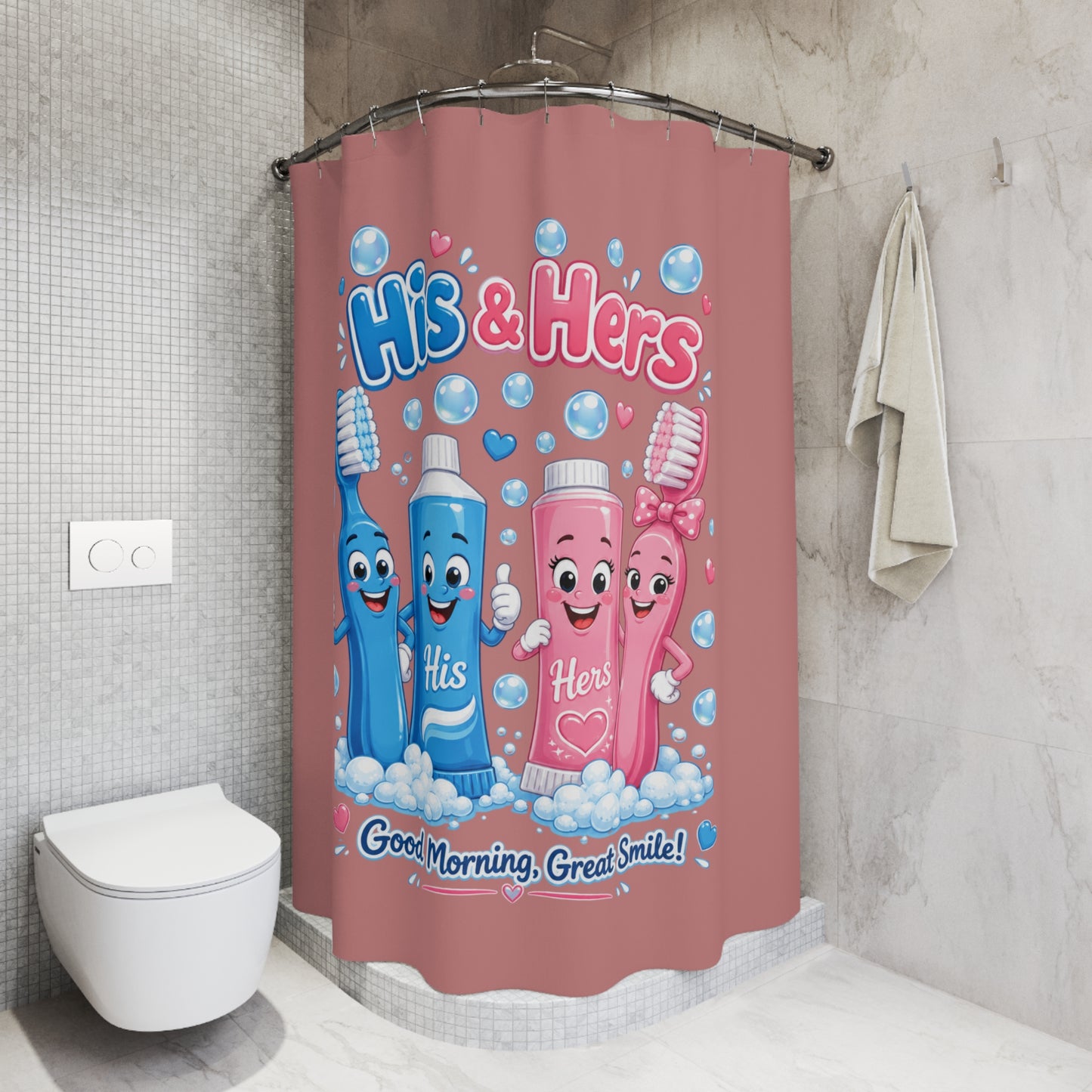 Fresh Start Together, Brush & Bliss Shower Curtain — Cute Couples Bathroom Decor