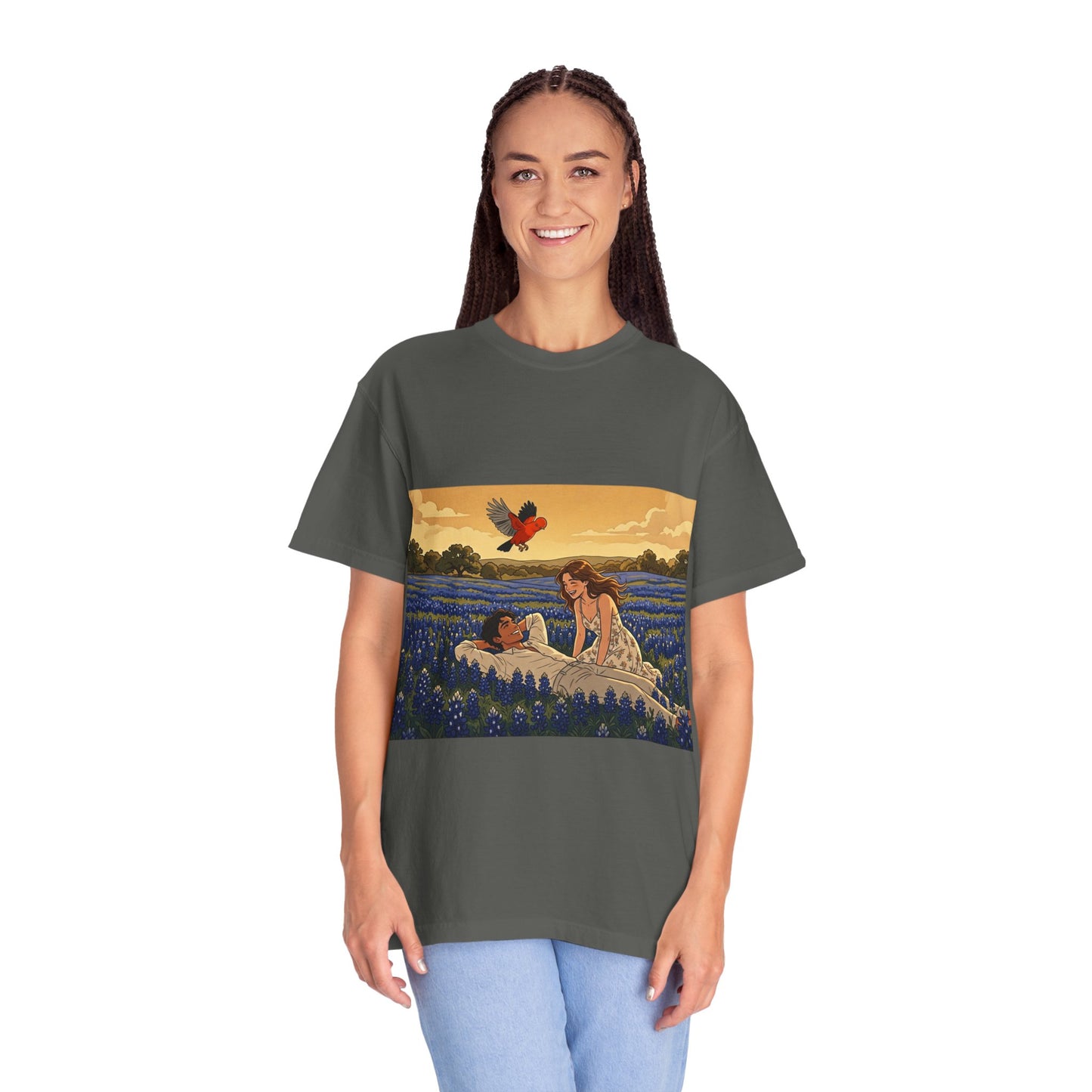 Romantic Bluebonnet Field T-Shirt — Couple in Wildflower Meadow Art Tee