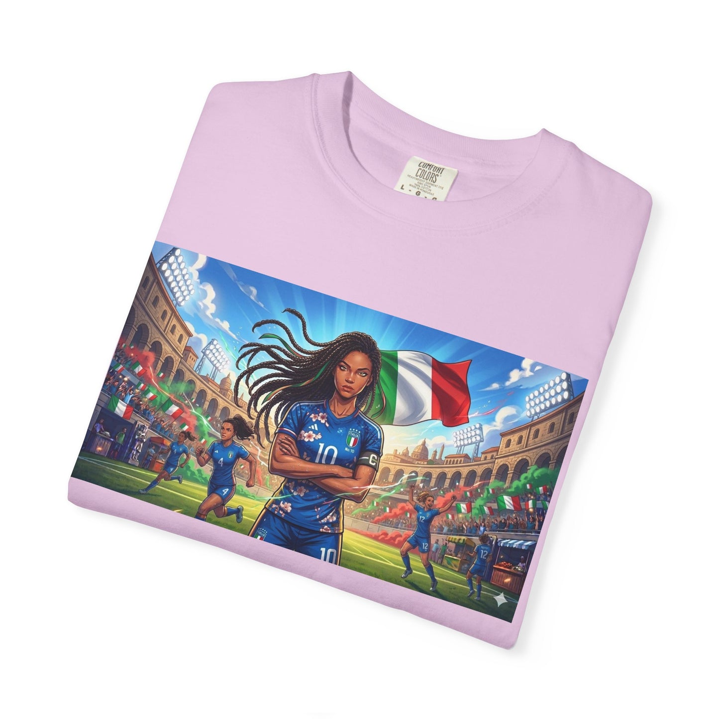 Italian Soccer Fan T‑Shirt – Inspirational Female Player with Italy Flag Stadium Print