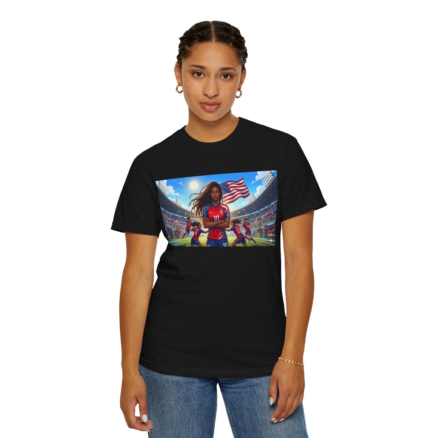 Soccer Mom USA T-Shirt — Female Soccer Player with American Flag Stadium Graphic