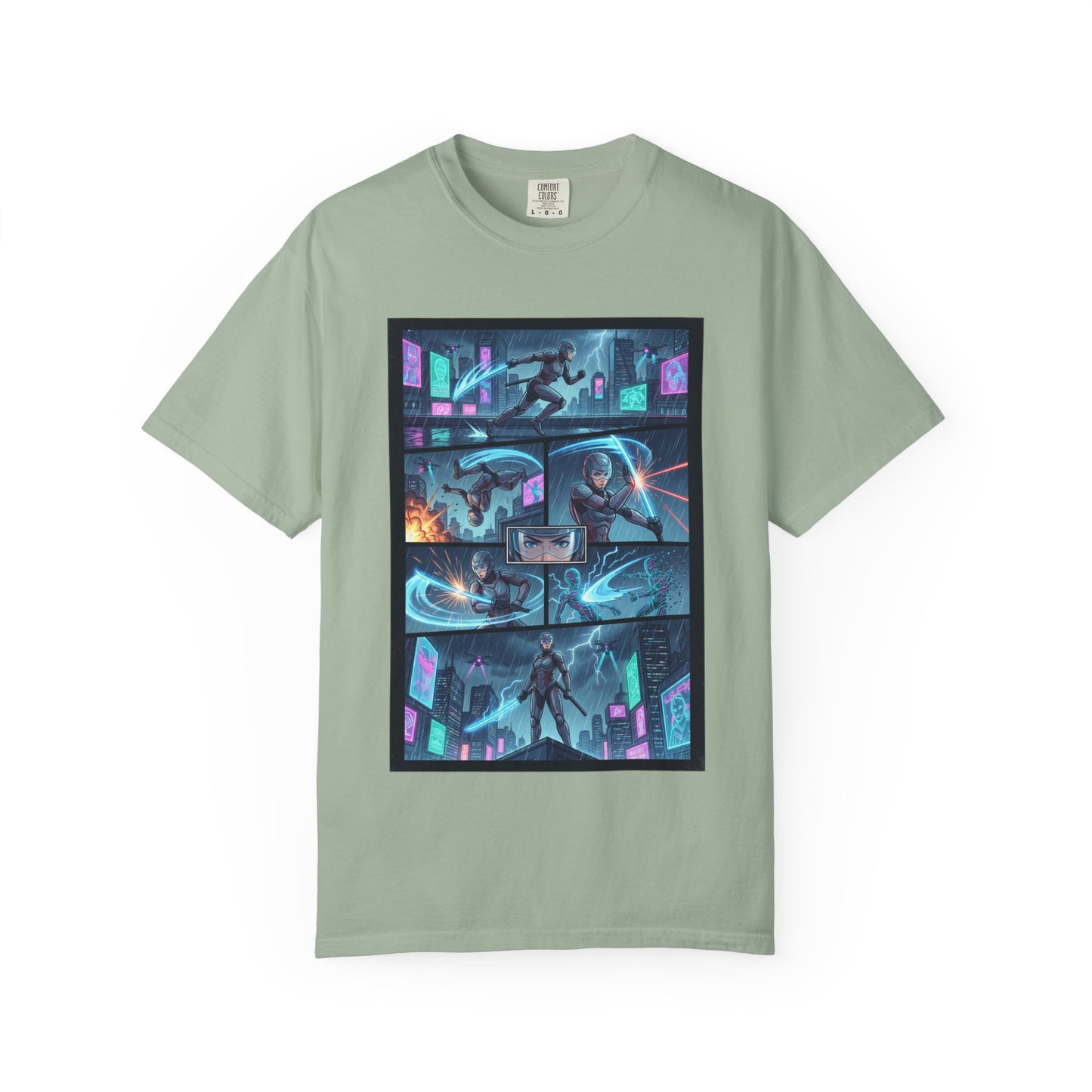 Cyberpunk Girl Samurai T-Shirt — Neon Manga Panel Graphic Tee
