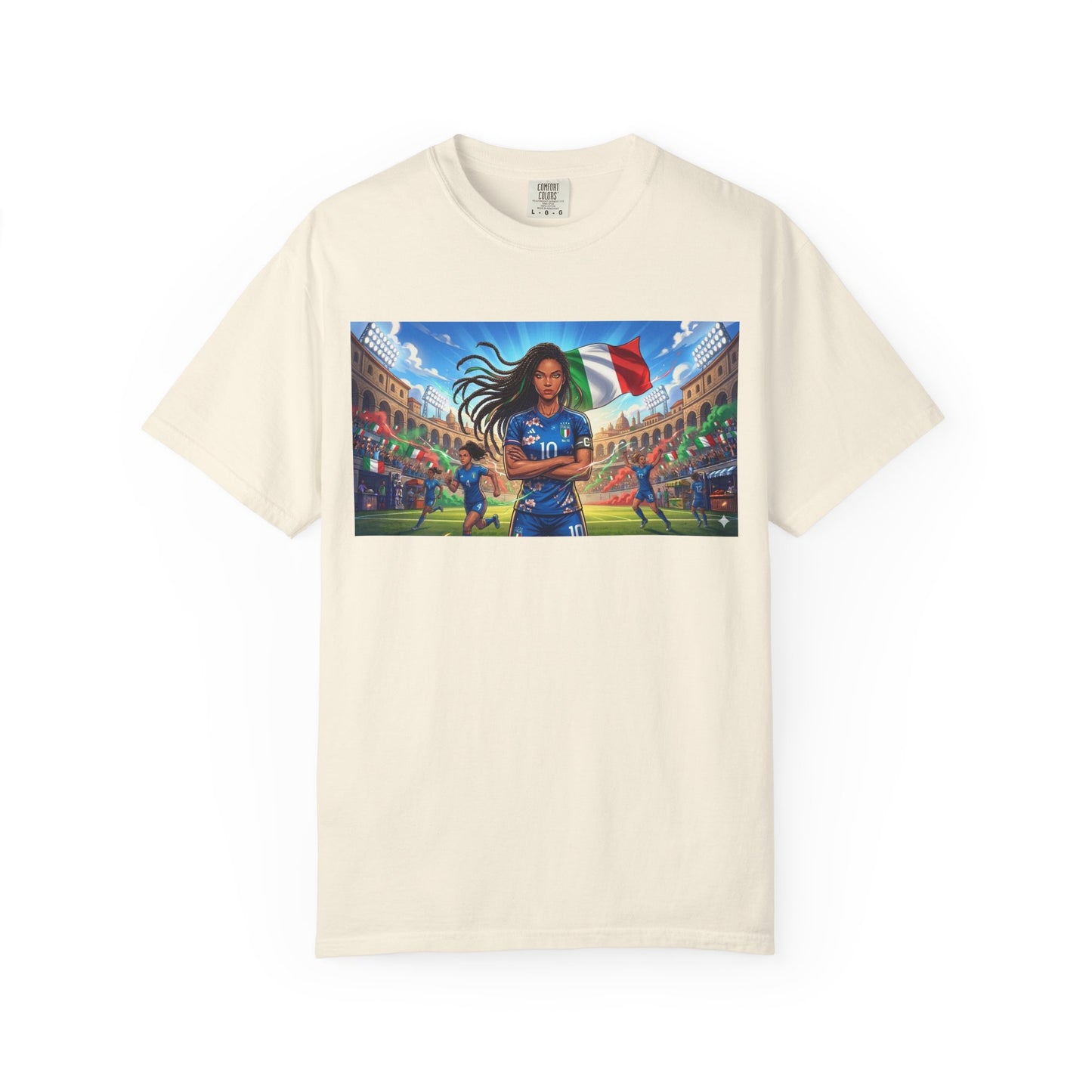 Italian Soccer Fan T‑Shirt – Inspirational Female Player with Italy Flag Stadium Print