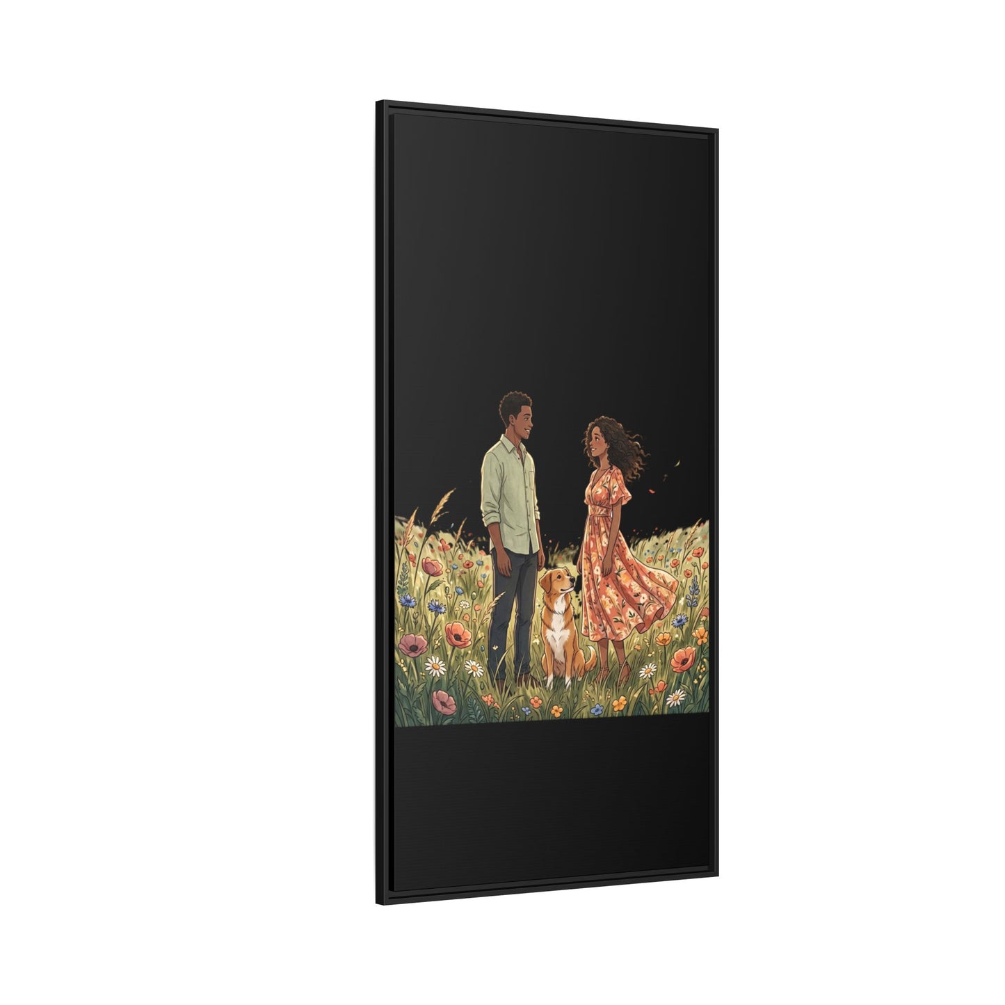Framed Matte Canvas Print — Romantic Couple in Wildflower Field (Multi‑Color)