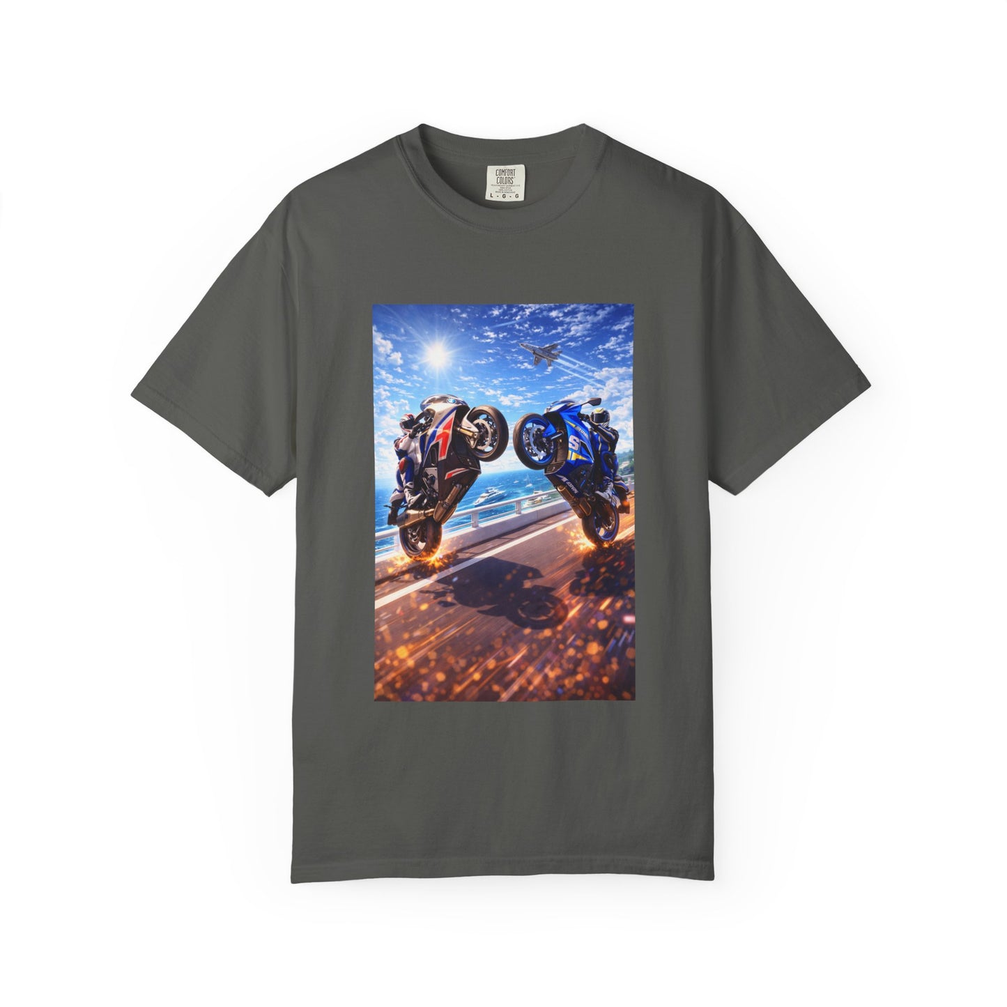 Stunt Riders Motorcycle T-Shirt — Two Bike Wheelie Racing Graphic Tee