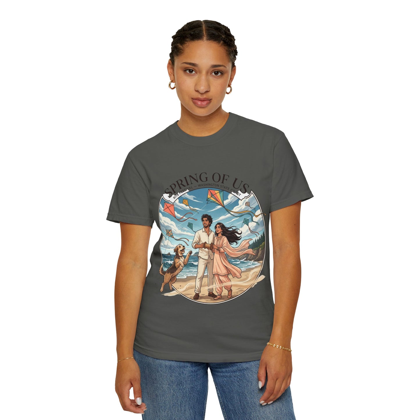 Spring of Us T-Shirt — Romantic Beach Couple Illustration with Dog