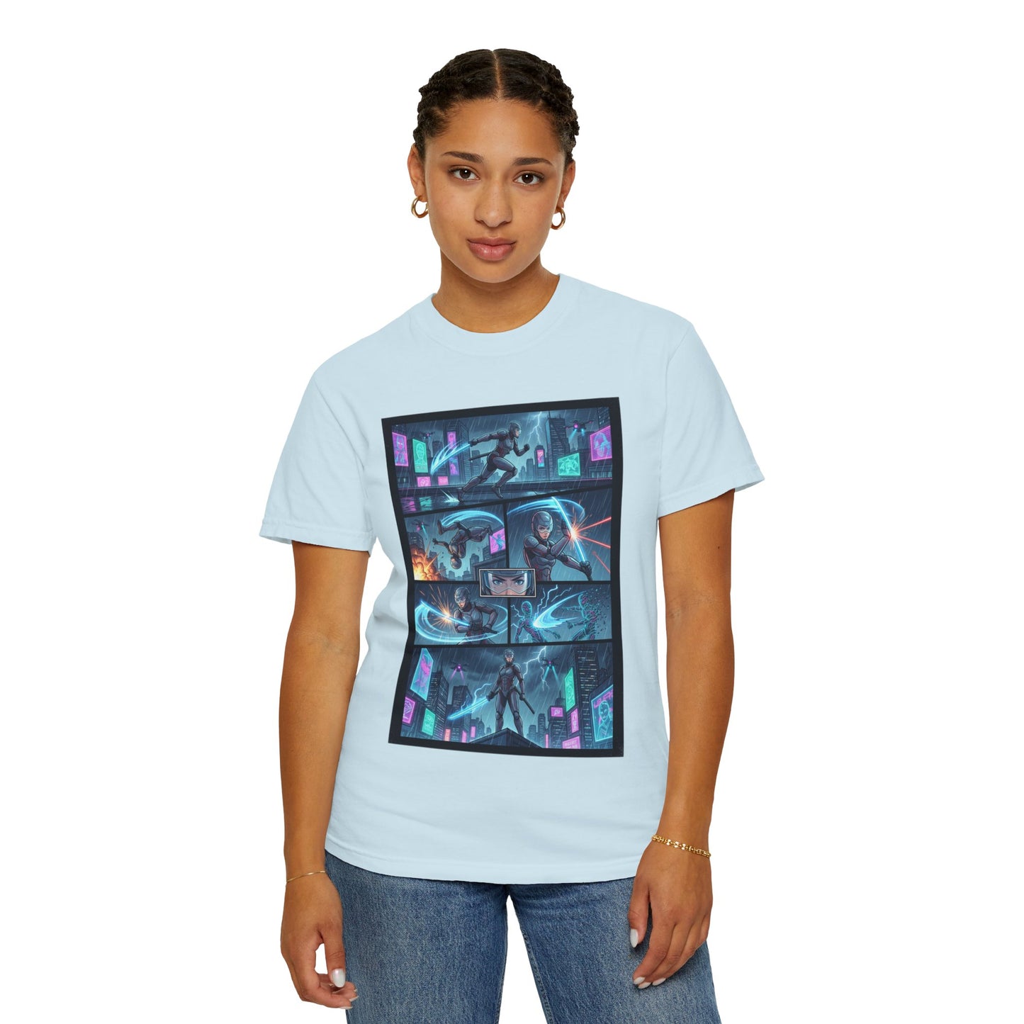 Cyberpunk Girl Samurai T-Shirt — Neon Manga Panel Graphic Tee
