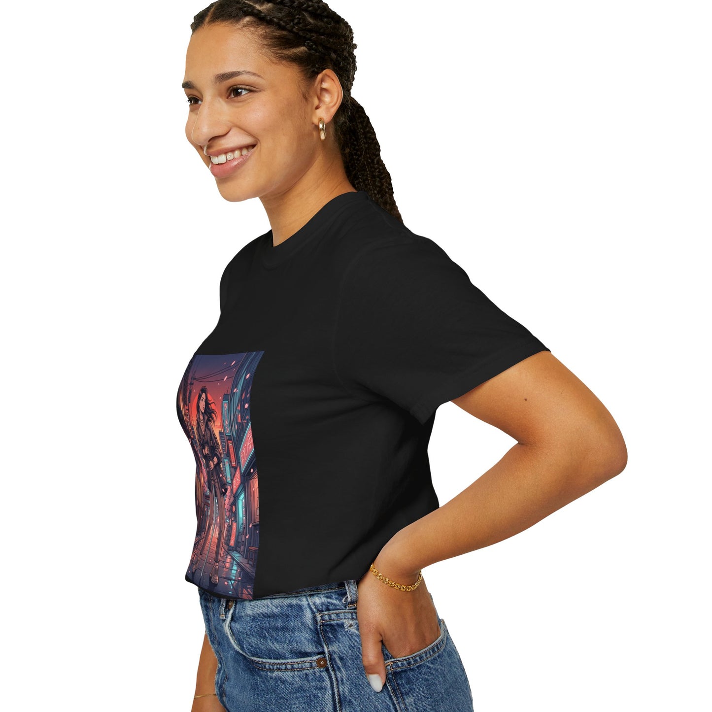 Cyberpunk Night Streets T‑Shirt — Neon Samurai Girl Graphic Tee