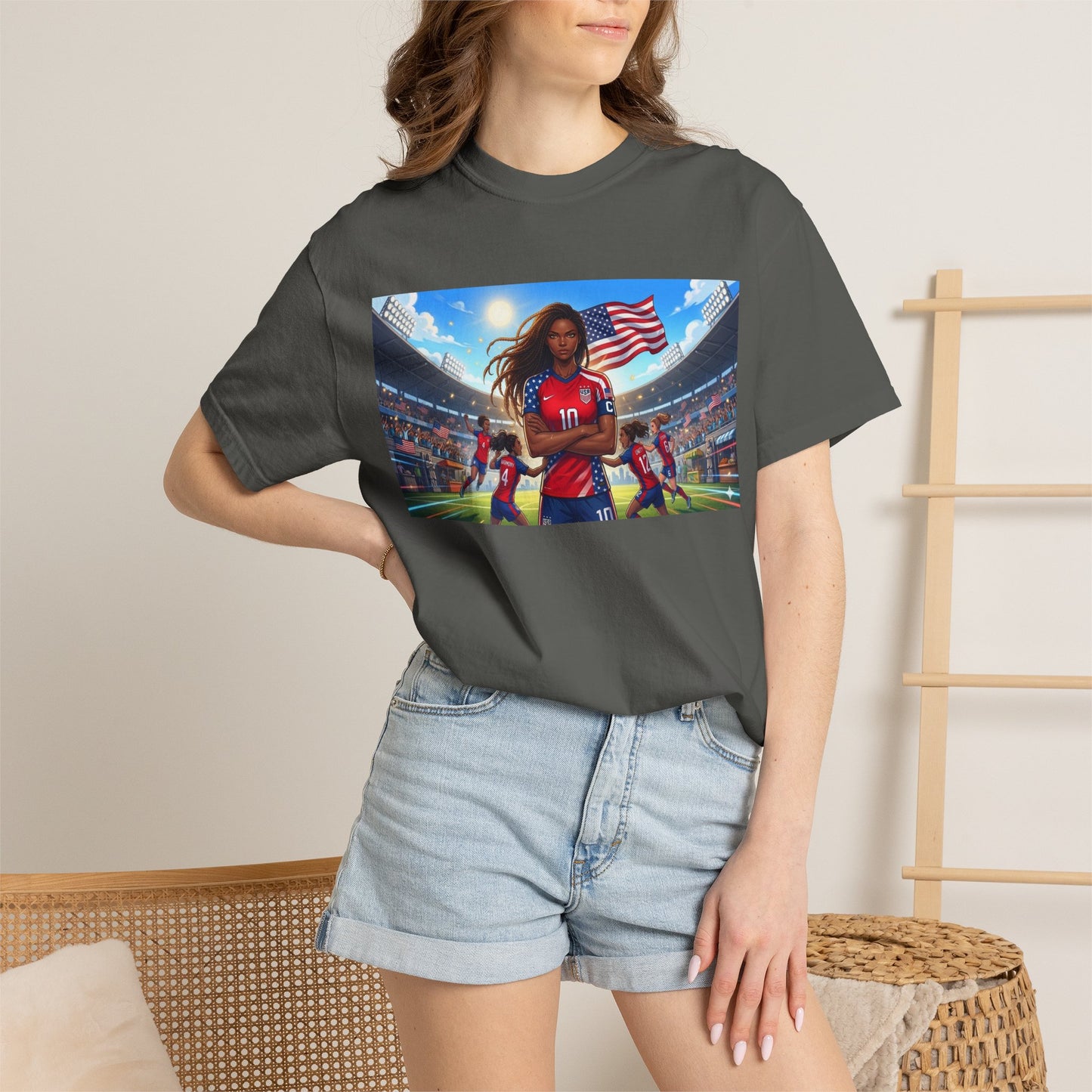Soccer Mom USA T-Shirt — Female Soccer Player with American Flag Stadium Graphic
