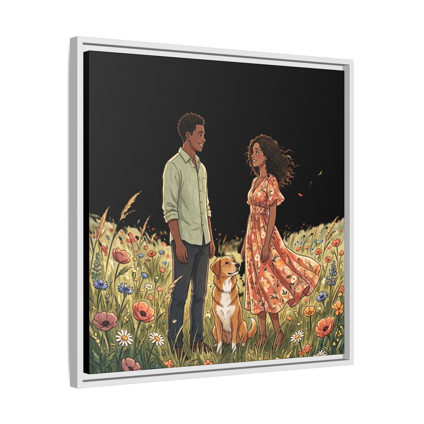 Framed Matte Canvas Print — Romantic Couple in Wildflower Field (Multi‑Color)
