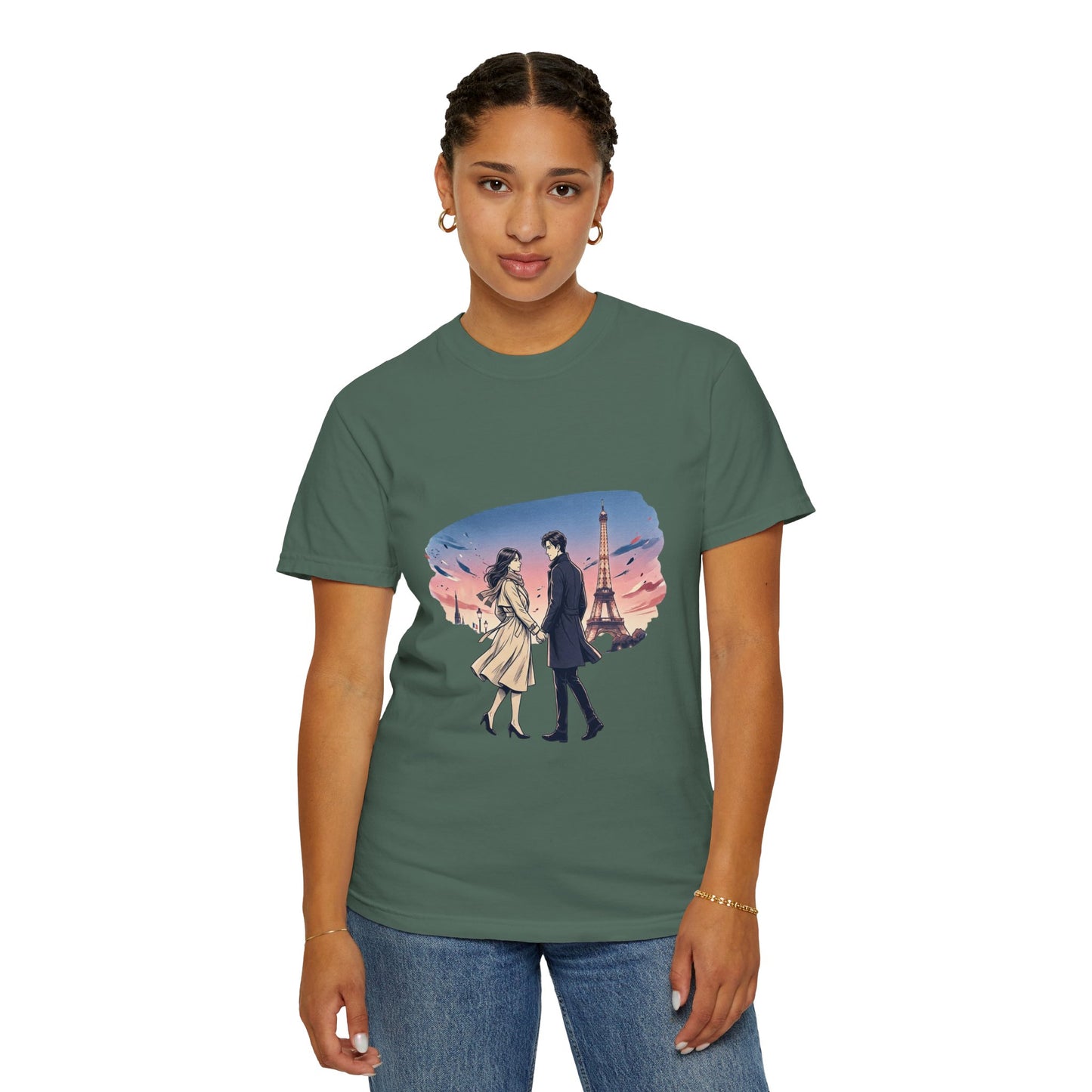 Paris Sunset Romance T-Shirt — Couple Walking by Eiffel Tower Graphic Tee