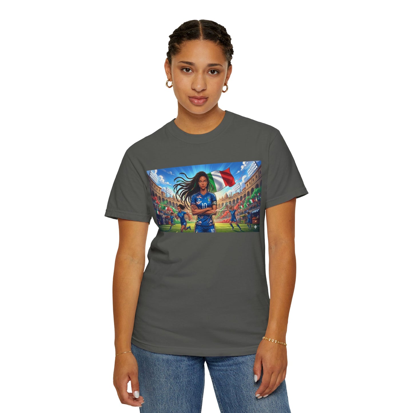 Italian Soccer Fan T‑Shirt – Inspirational Female Player with Italy Flag Stadium Print