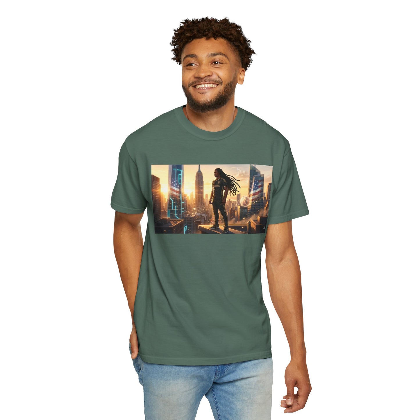 Cyberpunk Cityscape T-Shirt — Silhouette Hero at Sunset