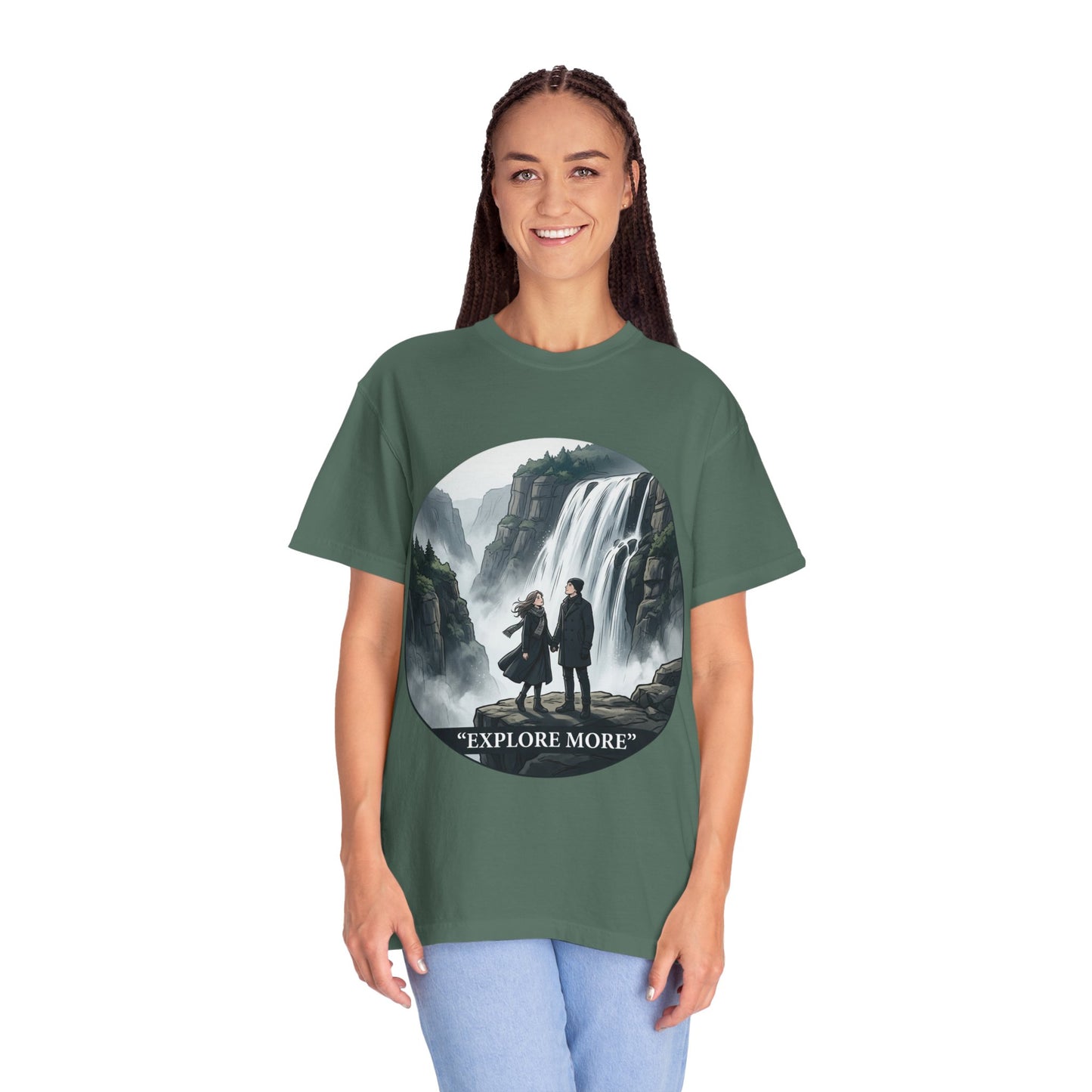 Explore More T-Shirt — Adventure Graphic Tee with Waterfall Scene