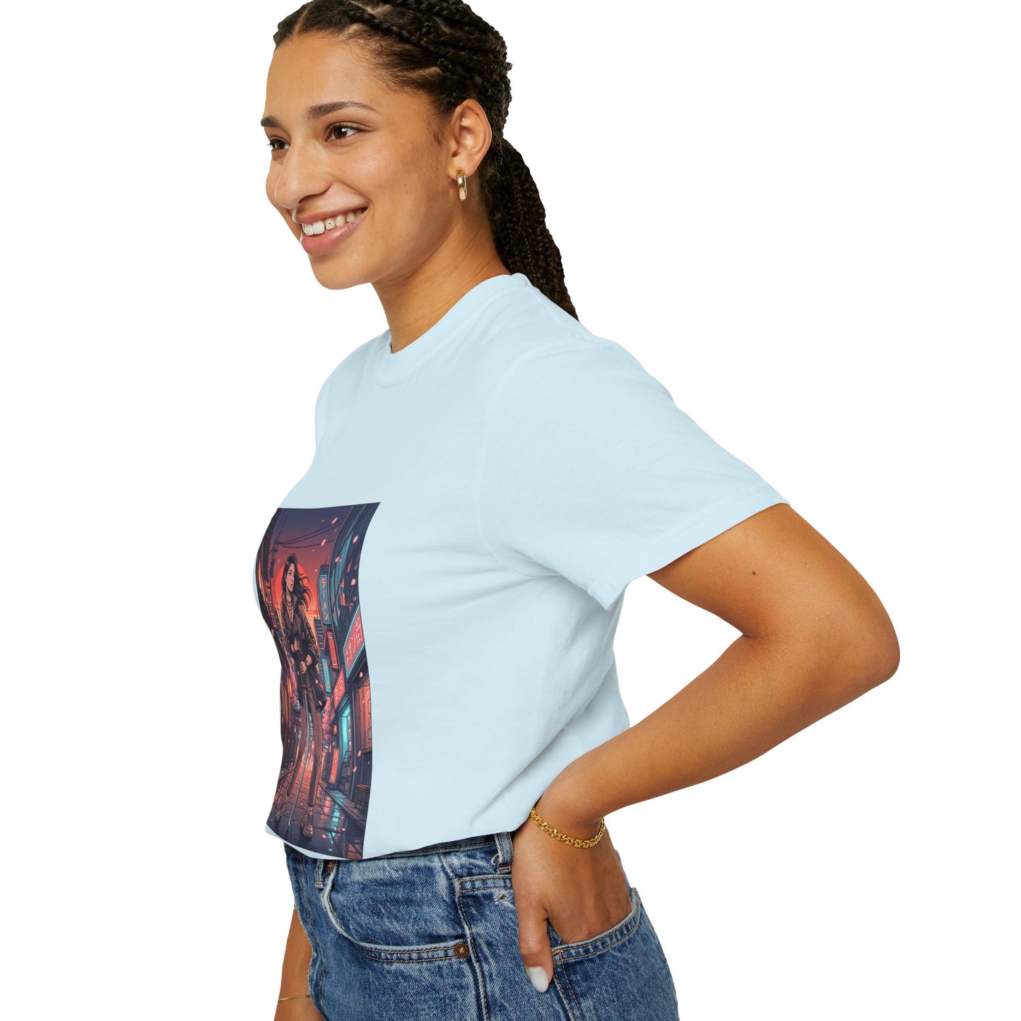 Cyberpunk Night Streets T‑Shirt — Neon Samurai Girl Graphic Tee