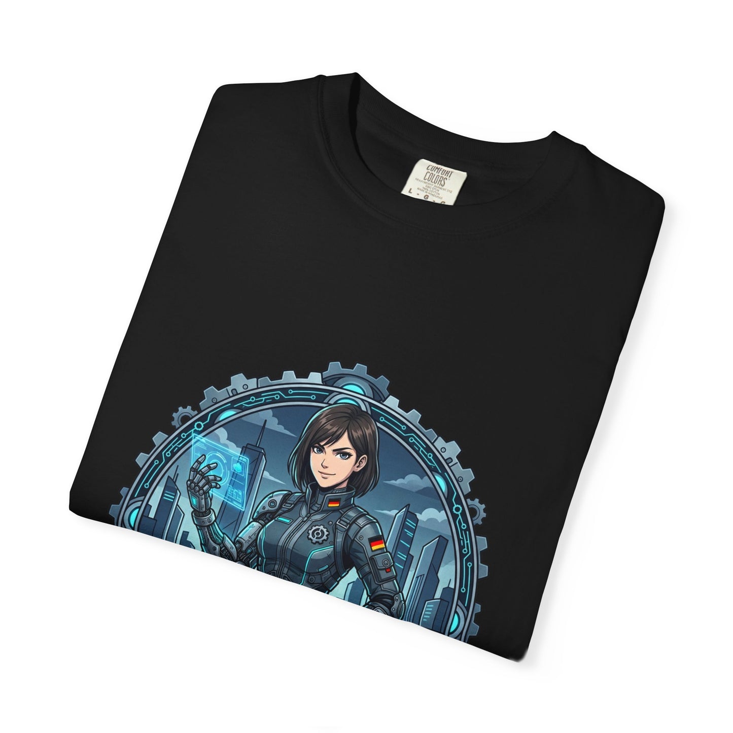 Cyber Ninja Graphic T-Shirt — Futuristic Female Warrior Illustration