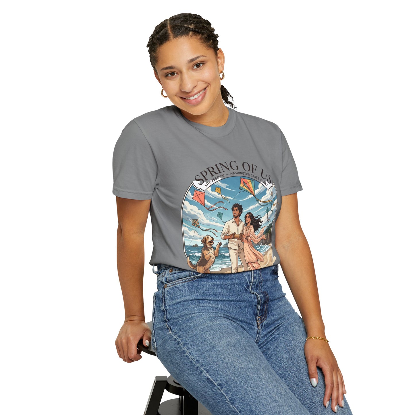Spring of Us T-Shirt — Romantic Beach Couple Illustration with Dog
