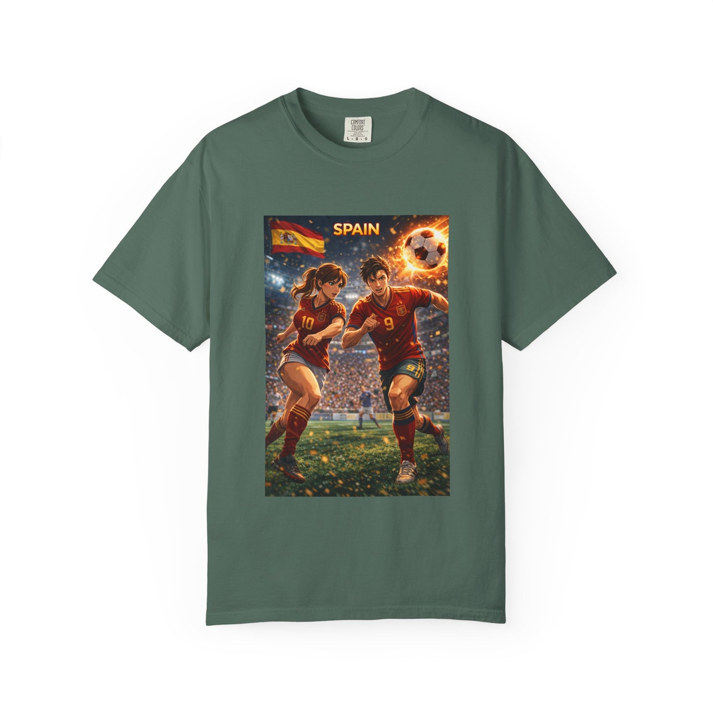 Spain Soccer Graphic T-Shirt — Retro Match Scene with Flag