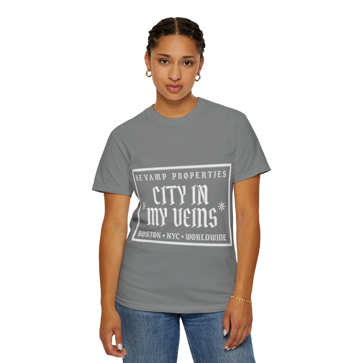 City In My Veins T‑Shirt — Vintage Cityscape Tee (Boston • NYC • Manchester)