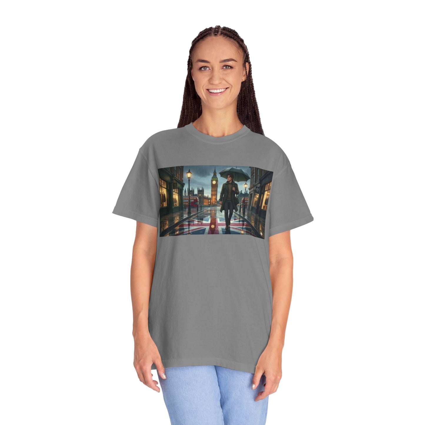 T-Shirt — Rainy London Street Scene Graphic Tee (Big Ben, Umbrella, Night Cityscape)