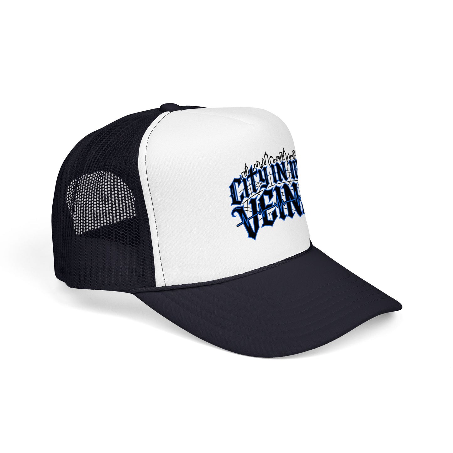 City In My Veins Foam Trucker Hat — Urban Gothic Blue Embroidered Cap