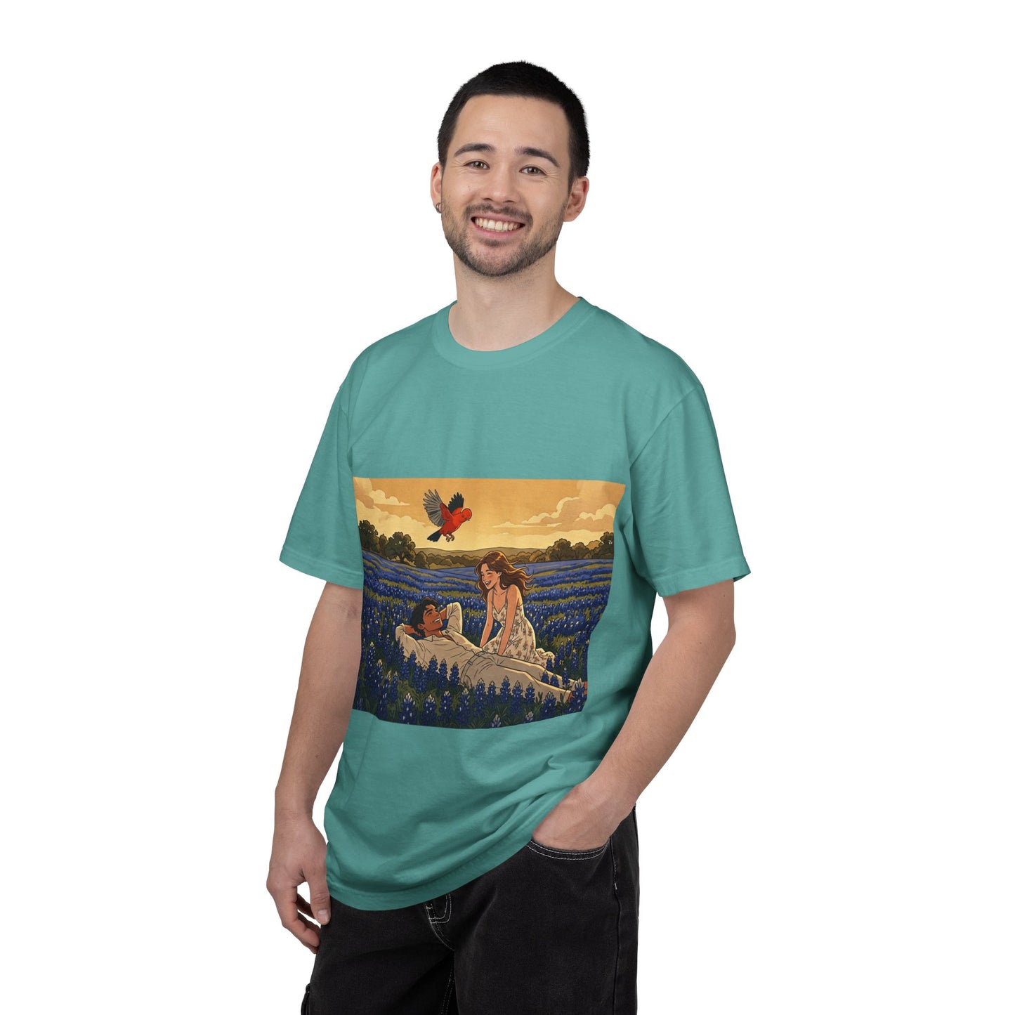Romantic Bluebonnet Field T-Shirt — Couple in Wildflower Meadow Art Tee