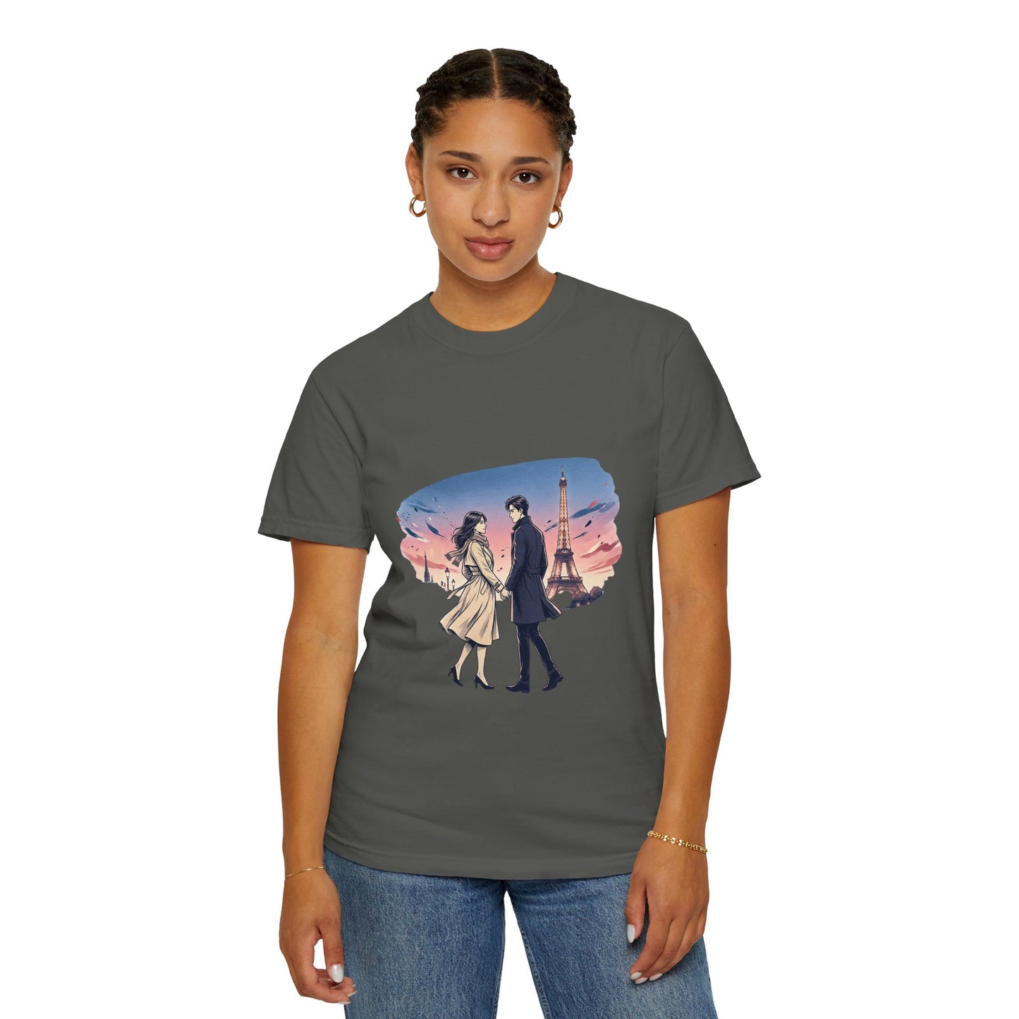 Paris Sunset Romance T-Shirt — Couple Walking by Eiffel Tower Graphic Tee