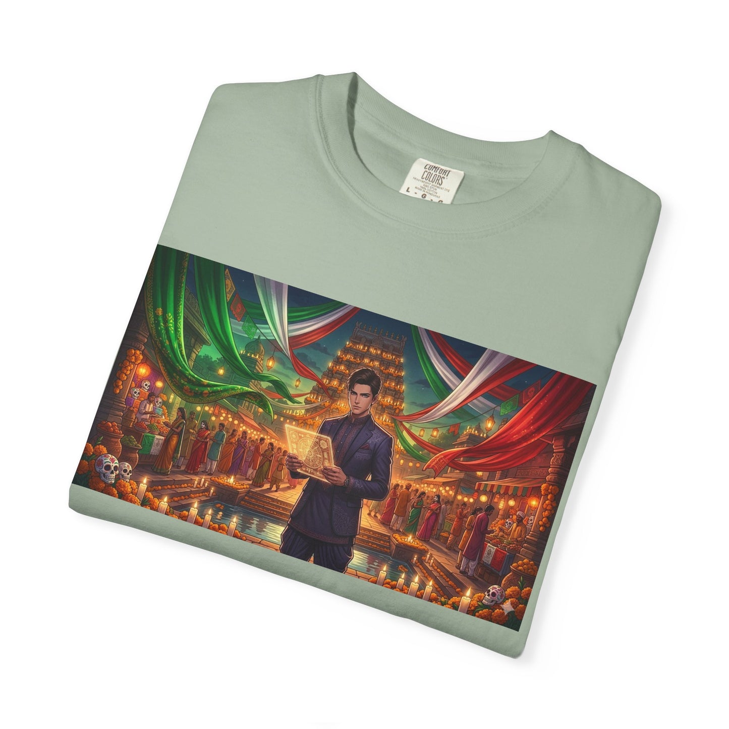 T-Shirt — Dragon Temple Night Scene Graphic Tee (Monk with Dragons)