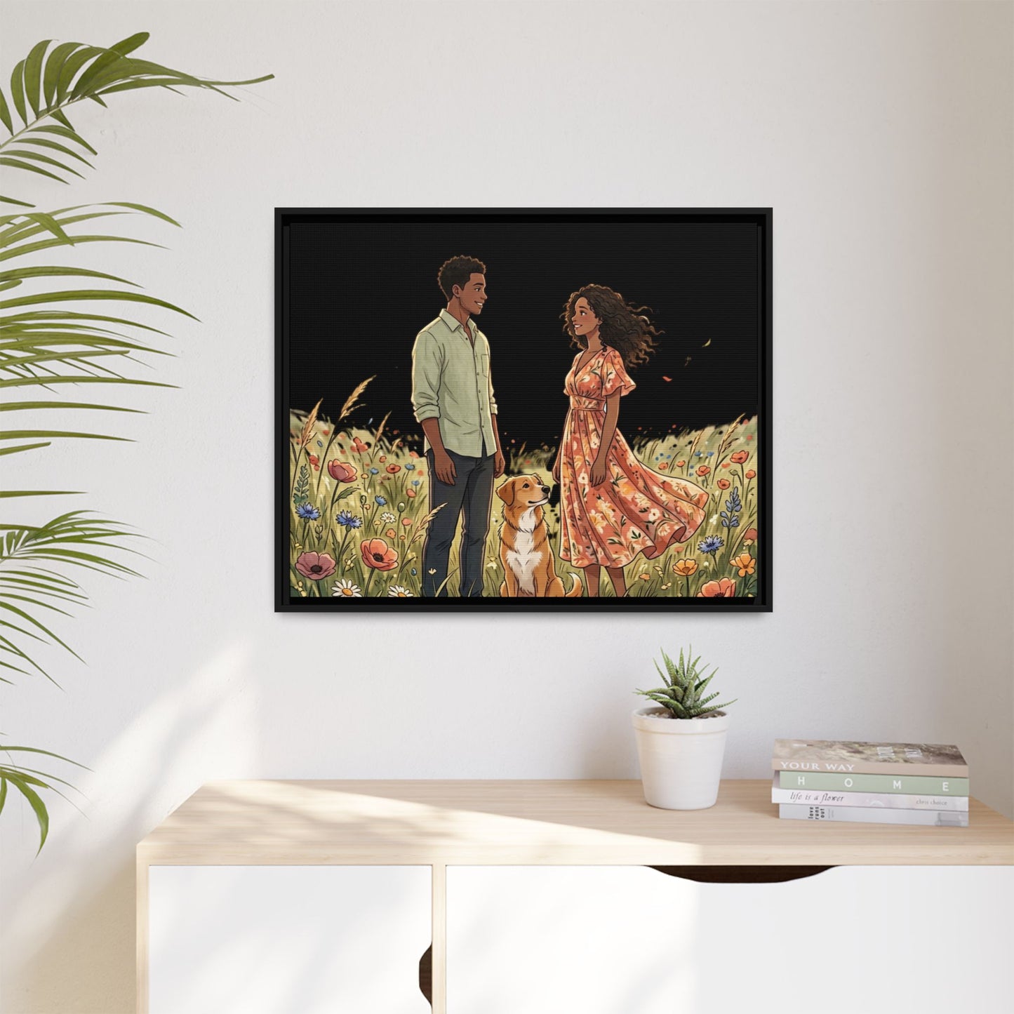 Framed Matte Canvas Print — Romantic Couple in Wildflower Field (Multi‑Color)