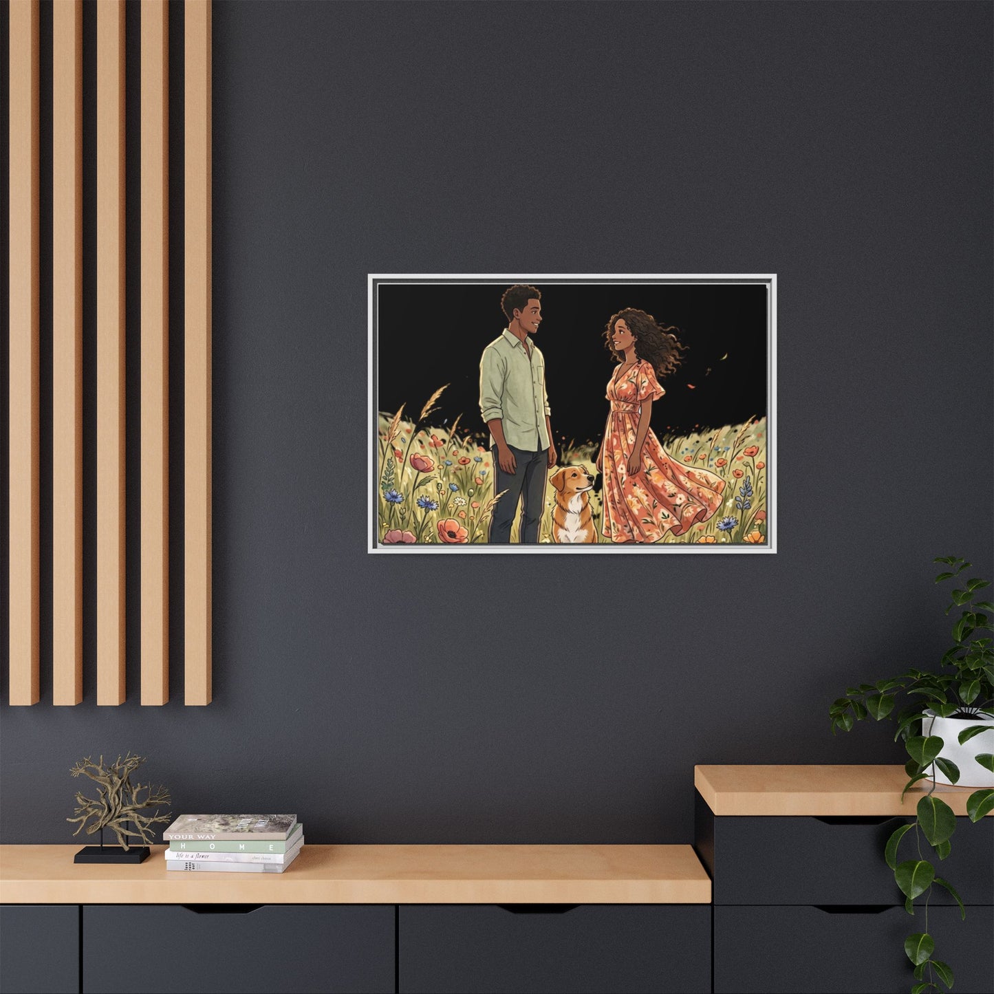 Framed Matte Canvas Print — Romantic Couple in Wildflower Field (Multi‑Color)