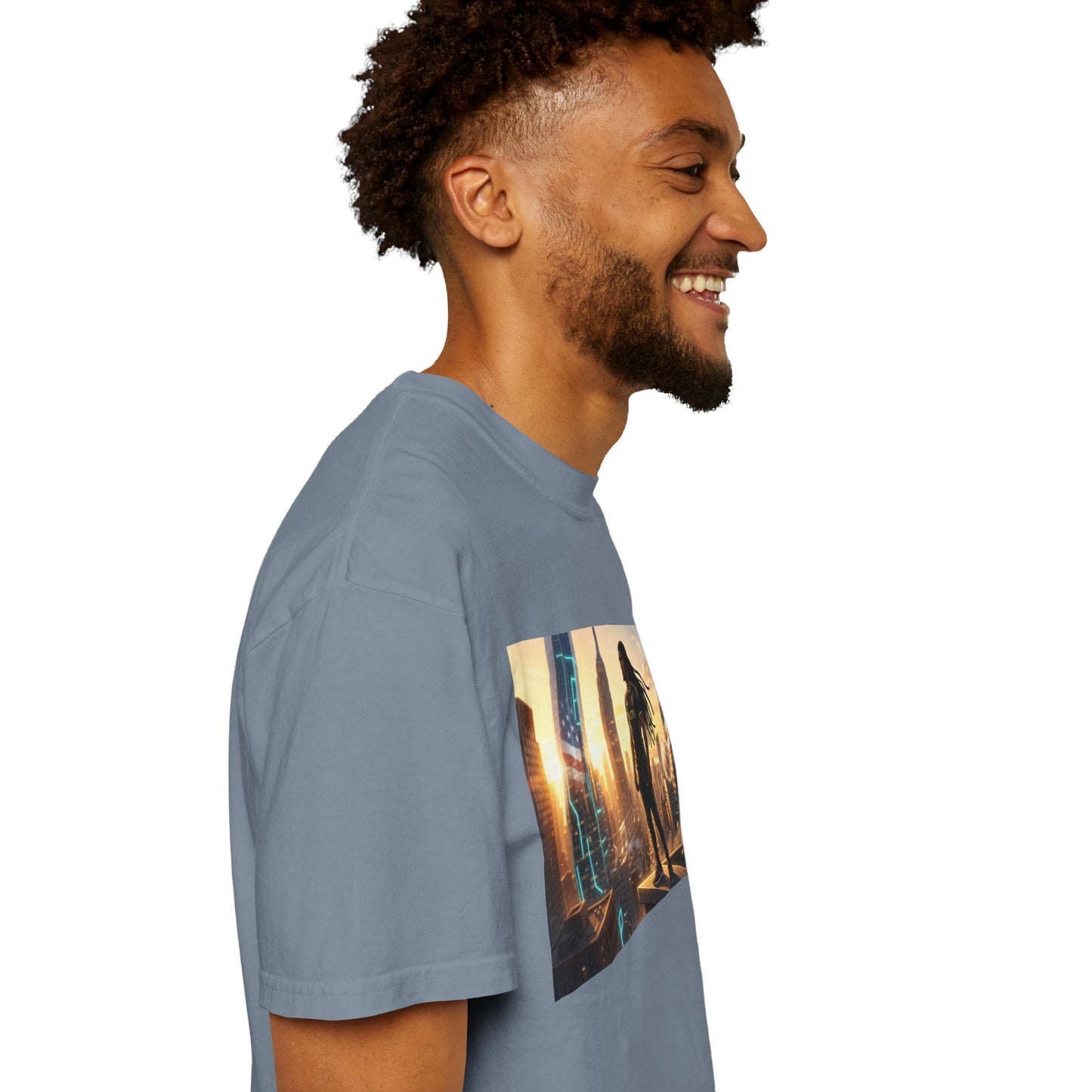 Cyberpunk Cityscape T-Shirt — Silhouette Hero at Sunset