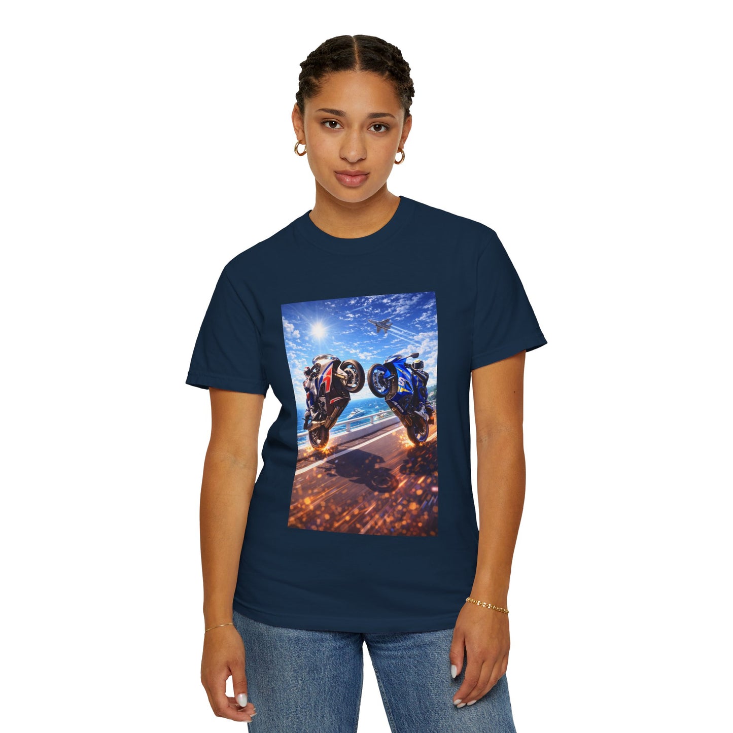 Stunt Riders Motorcycle T-Shirt — Two Bike Wheelie Racing Graphic Tee