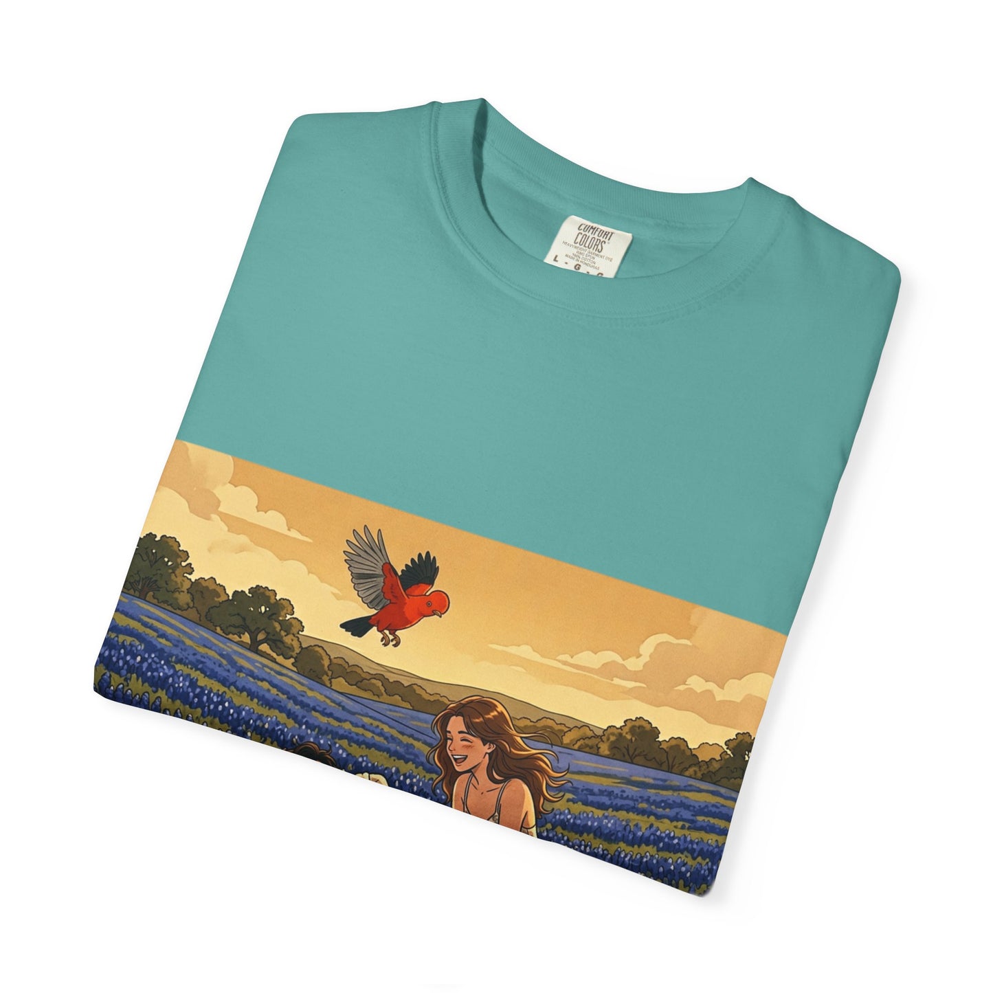 Romantic Bluebonnet Field T-Shirt — Couple in Wildflower Meadow Art Tee
