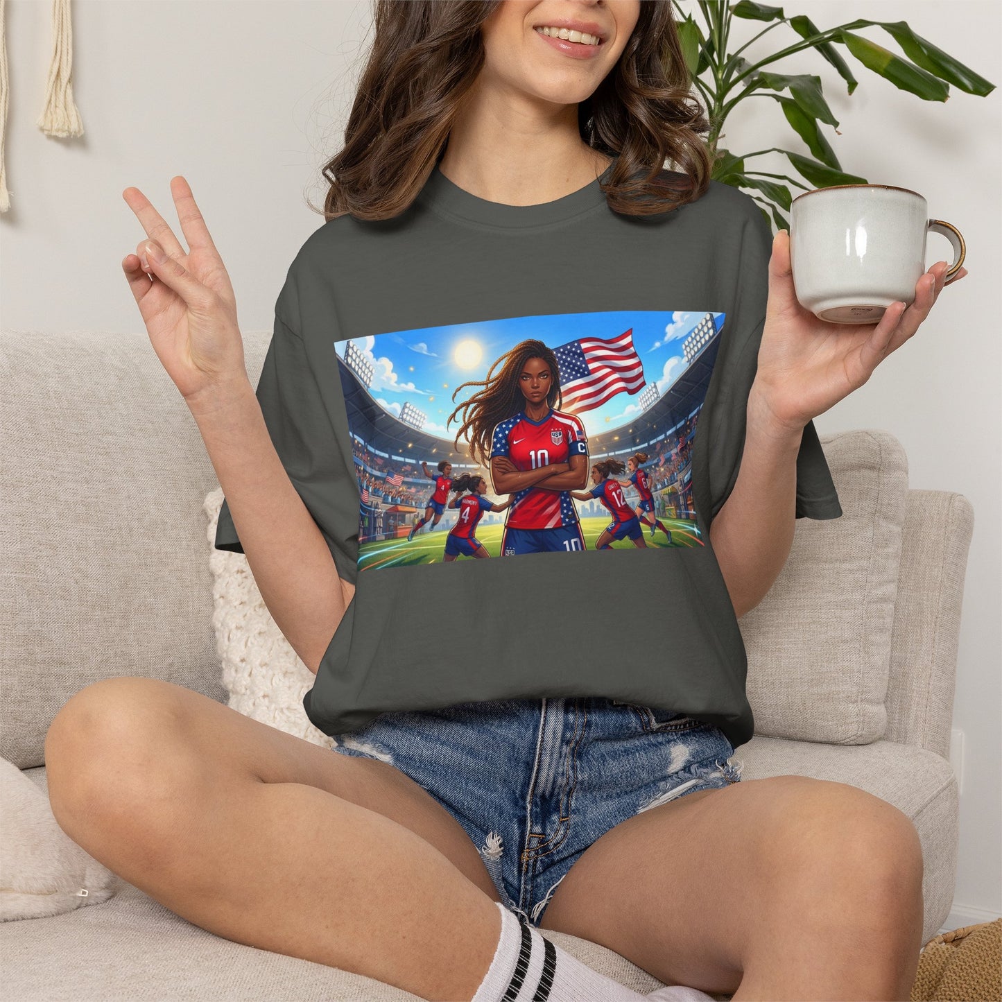 Soccer Mom USA T-Shirt — Female Soccer Player with American Flag Stadium Graphic