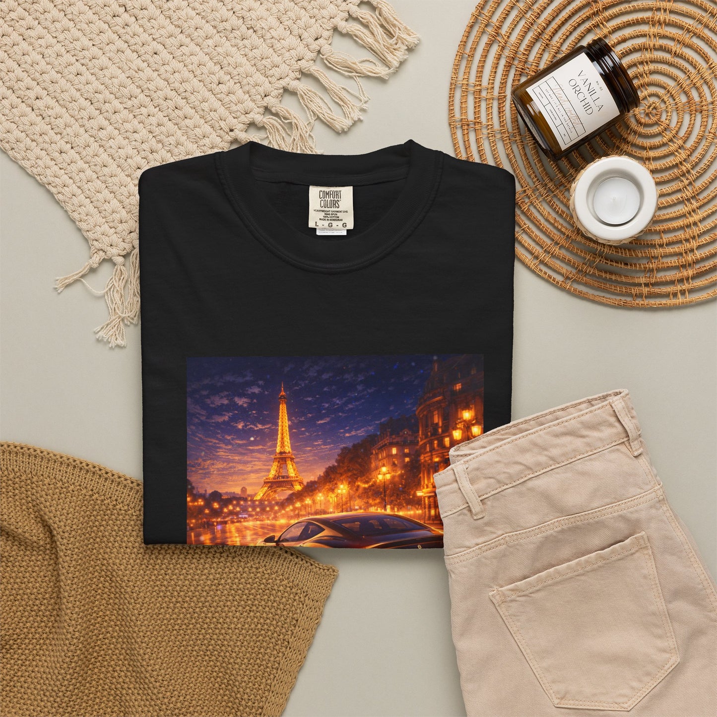 Paris Night Drive T-Shirt — Sports Car in Rainy Cityscape
