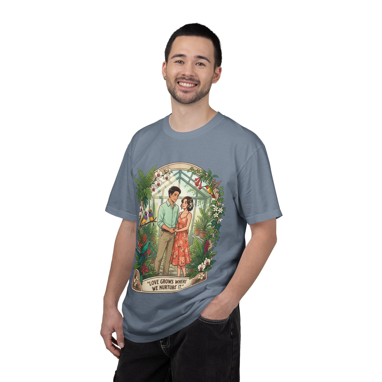 Romantic Greenhouse Couples T-Shirt — “Love Grows Where We Nurture It”