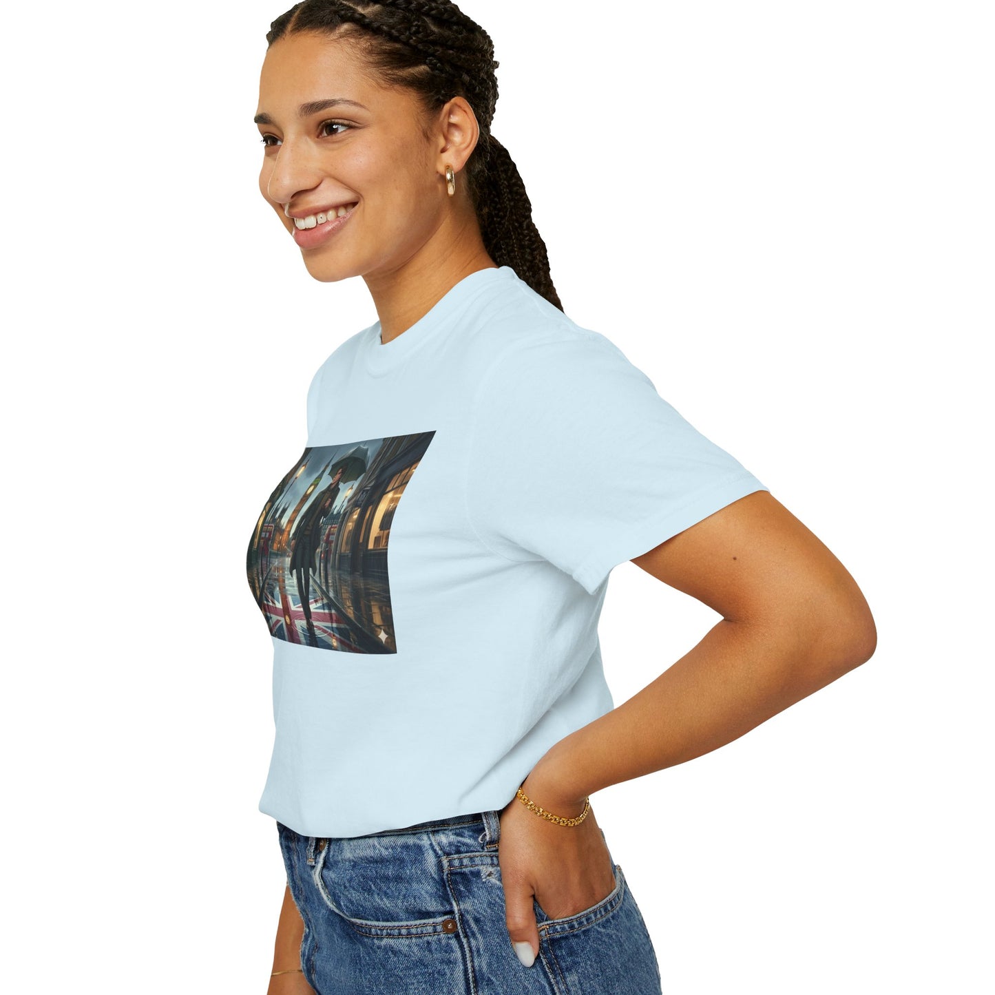 T-Shirt — Rainy London Street Scene Graphic Tee (Big Ben, Umbrella, Night Cityscape)