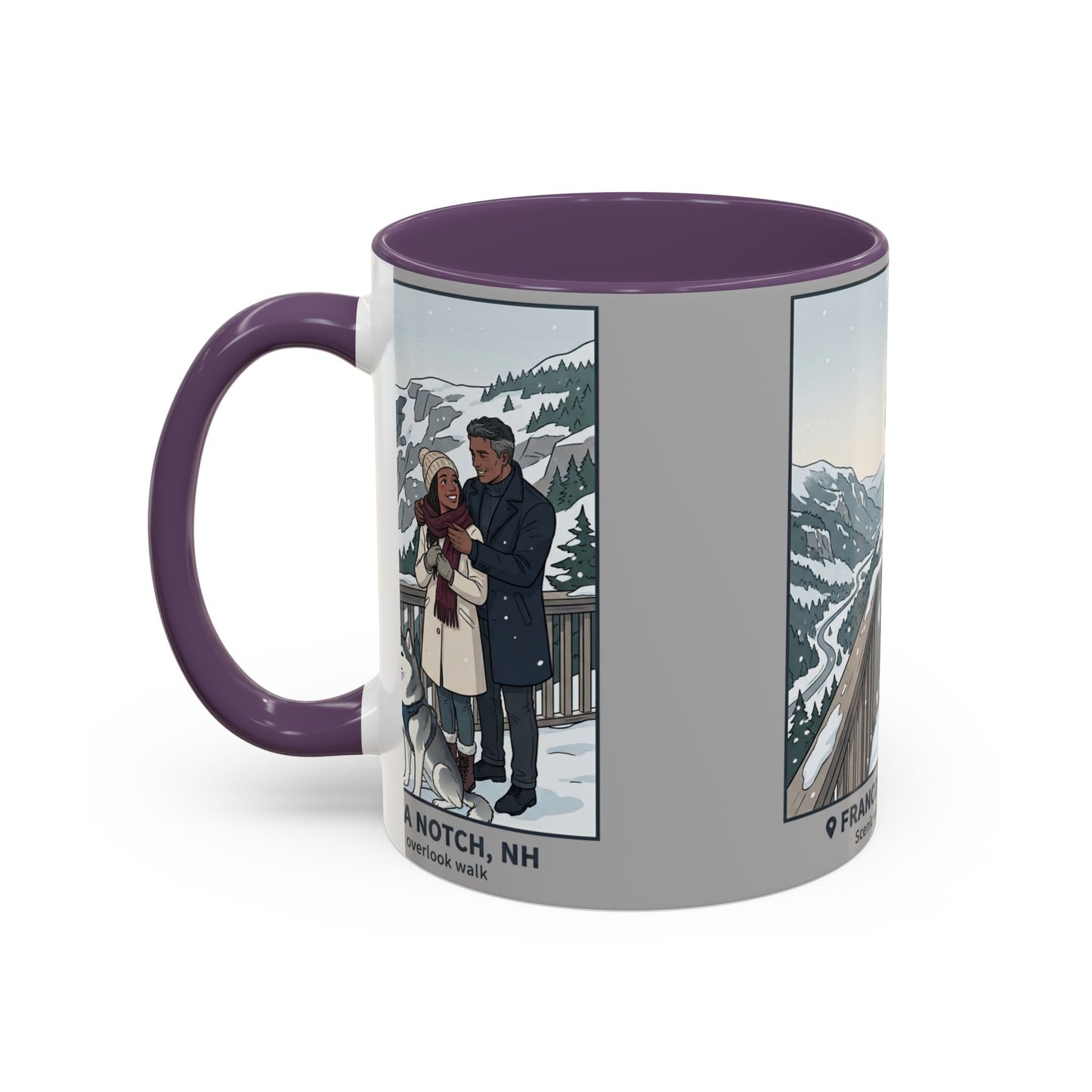 Franconia Notch Scenic Winter Mug — Couples & Dog Snowy Overlook Coffee Cup (11/15oz)
