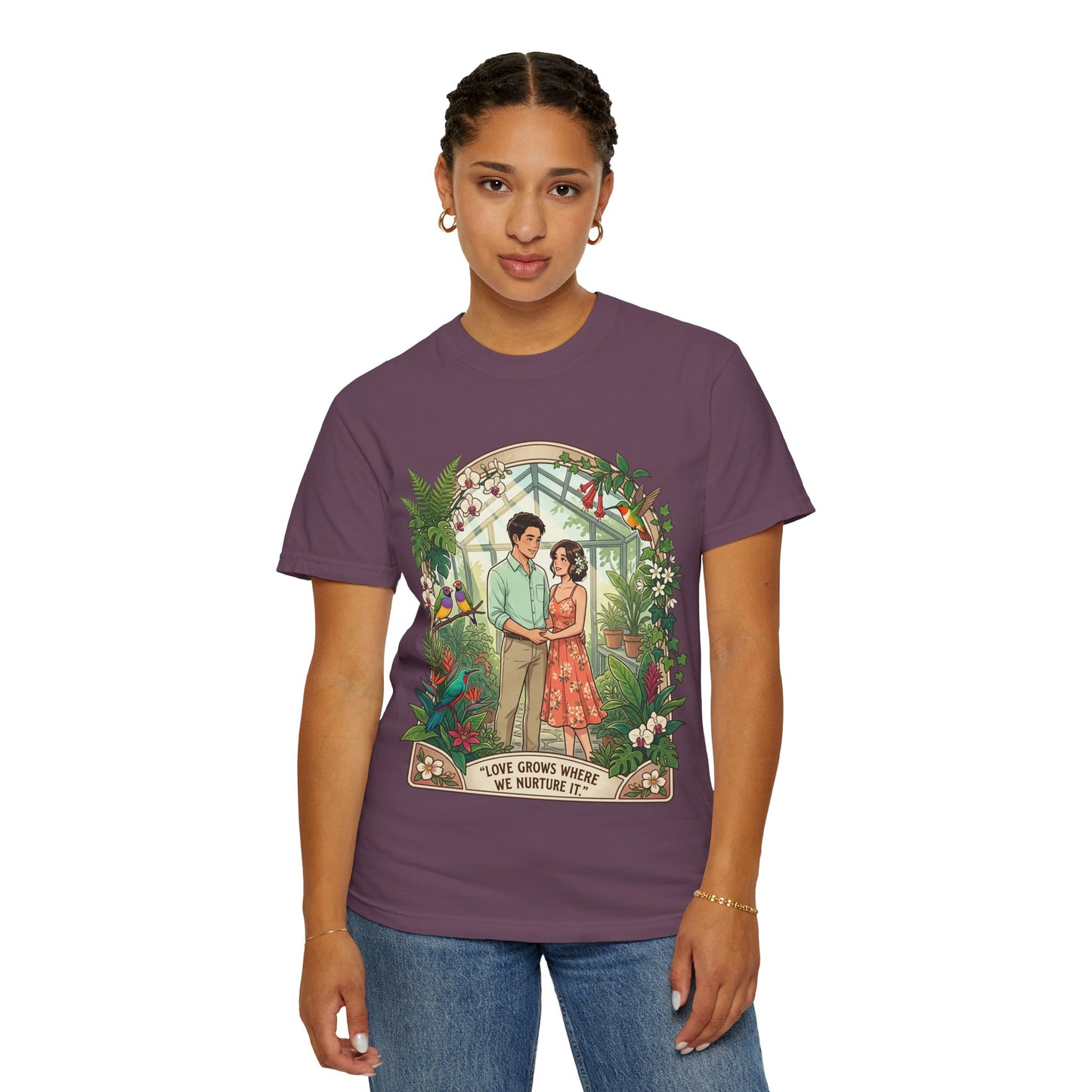Romantic Greenhouse Couples T-Shirt — “Love Grows Where We Nurture It”