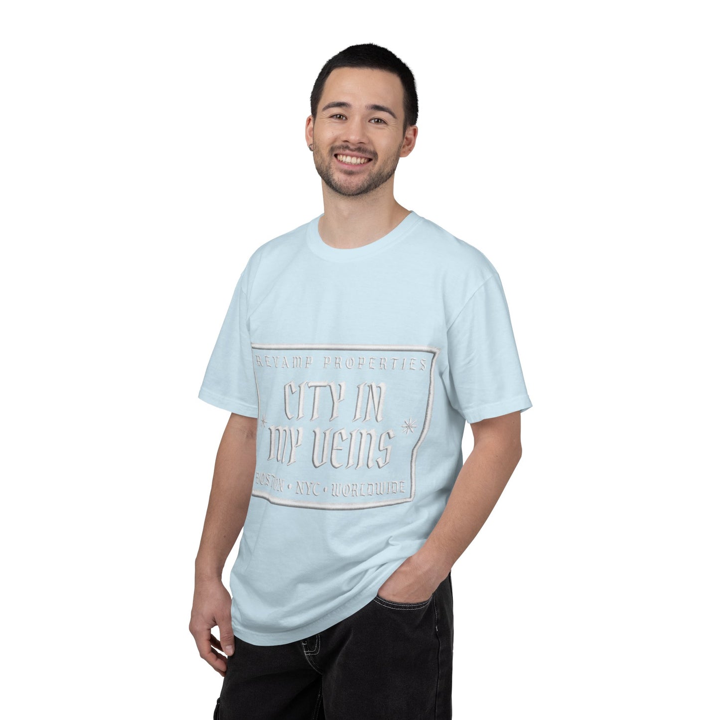 City In My Veins T‑Shirt — Vintage Cityscape Tee (Boston • NYC • Manchester)