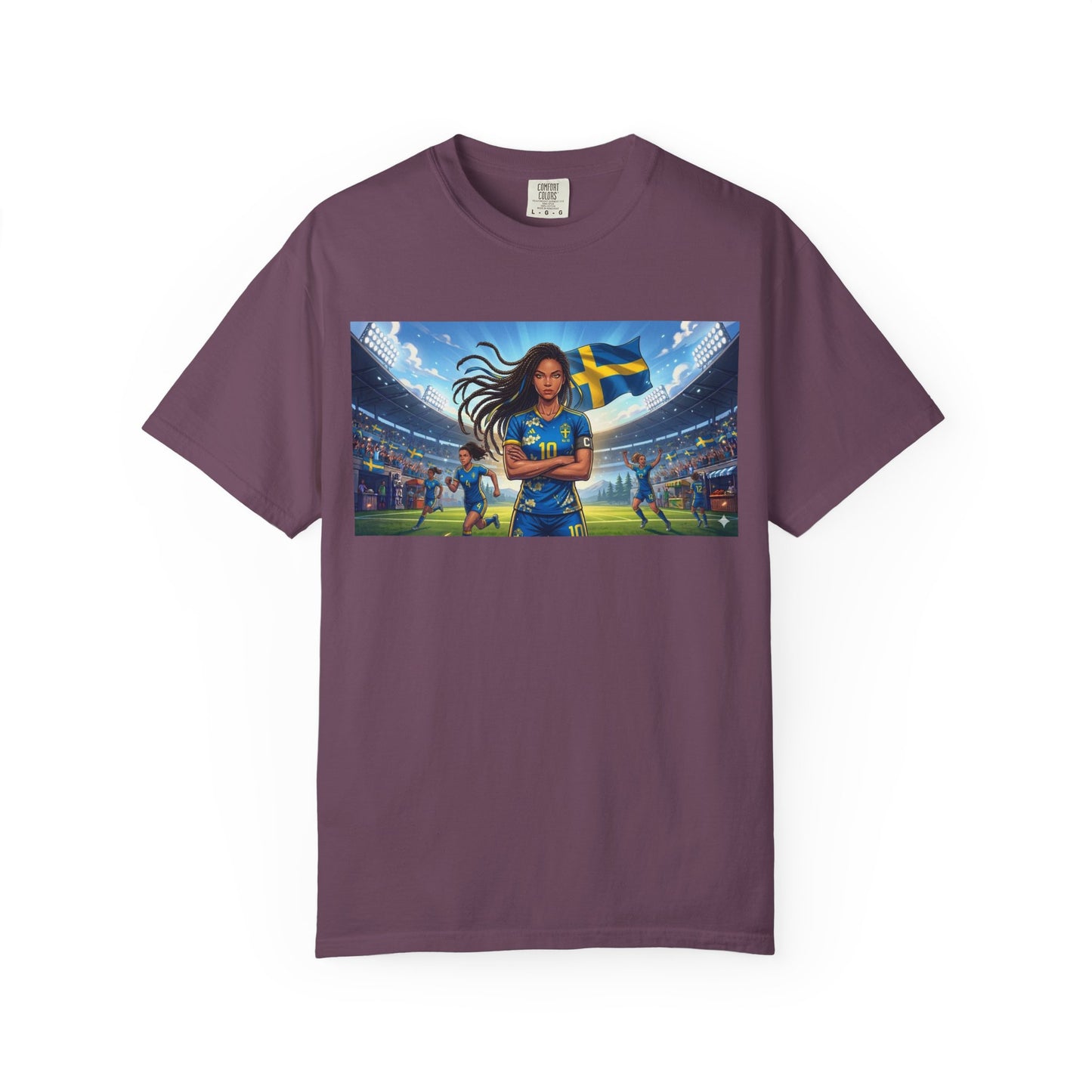 Swedish Soccer Pride T-Shirt — Female Footballer with Flag Stadium Design